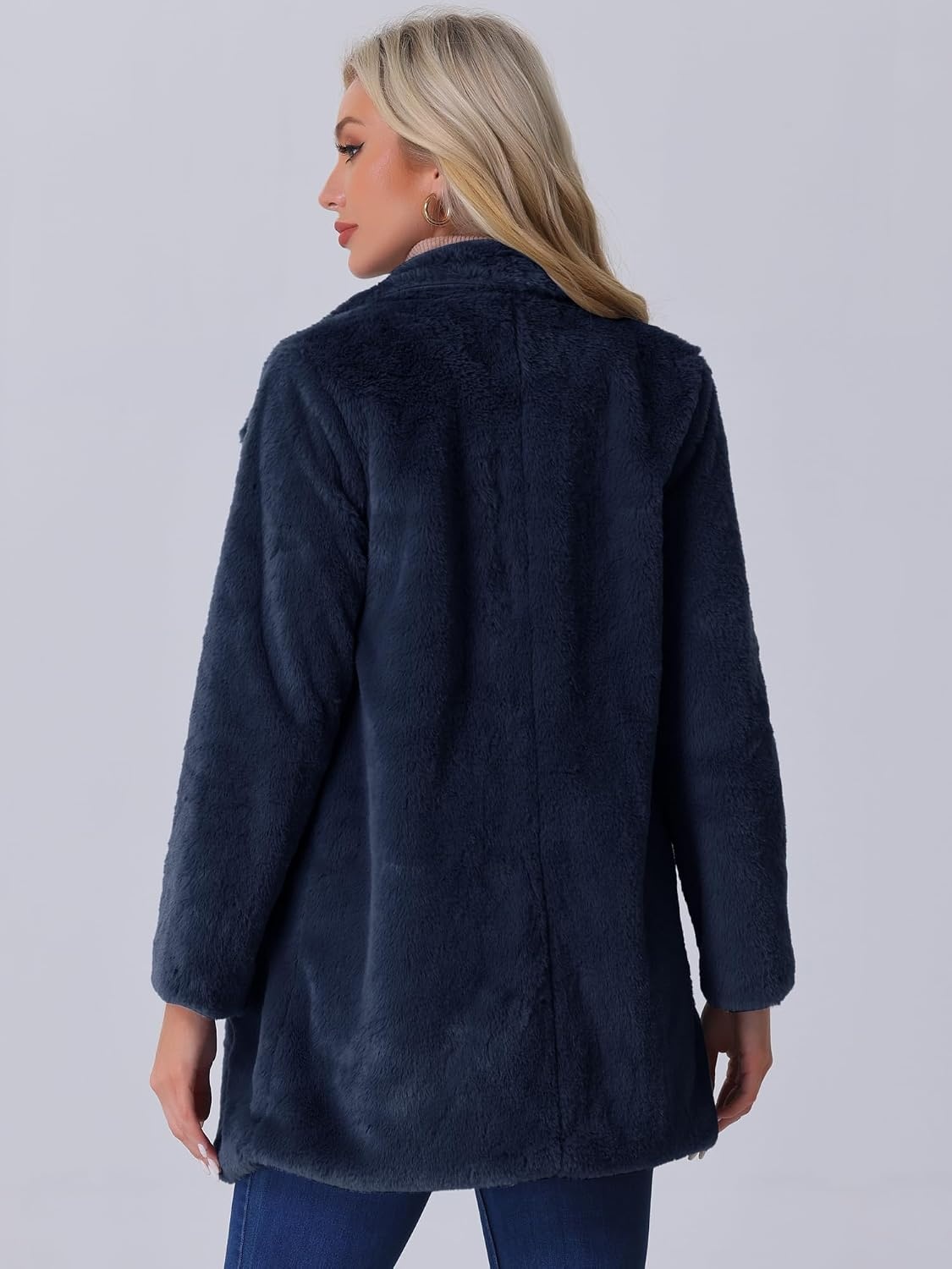 image:imageAllegra K Womens Faux Fur Coat Lapel Warm Winter Casual Long Fluffy Jacket Classic Open Front Design Loose Fit Spring Fall Formal Midthigh Coffee Shop Work OfficeNavy