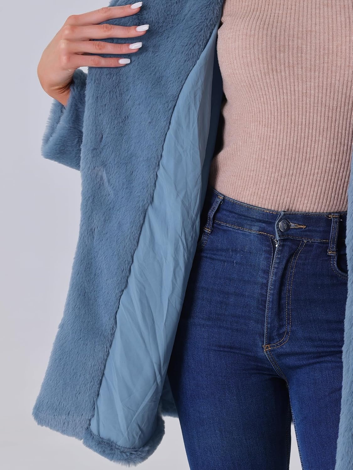 image:imageAllegra K Womens Faux Fur Coat Lapel Warm Winter Casual Long Fluffy Jacket Classic Open Front Design Loose Fit Spring Fall Formal Midthigh Coffee Shop Work OfficeGrey Blue