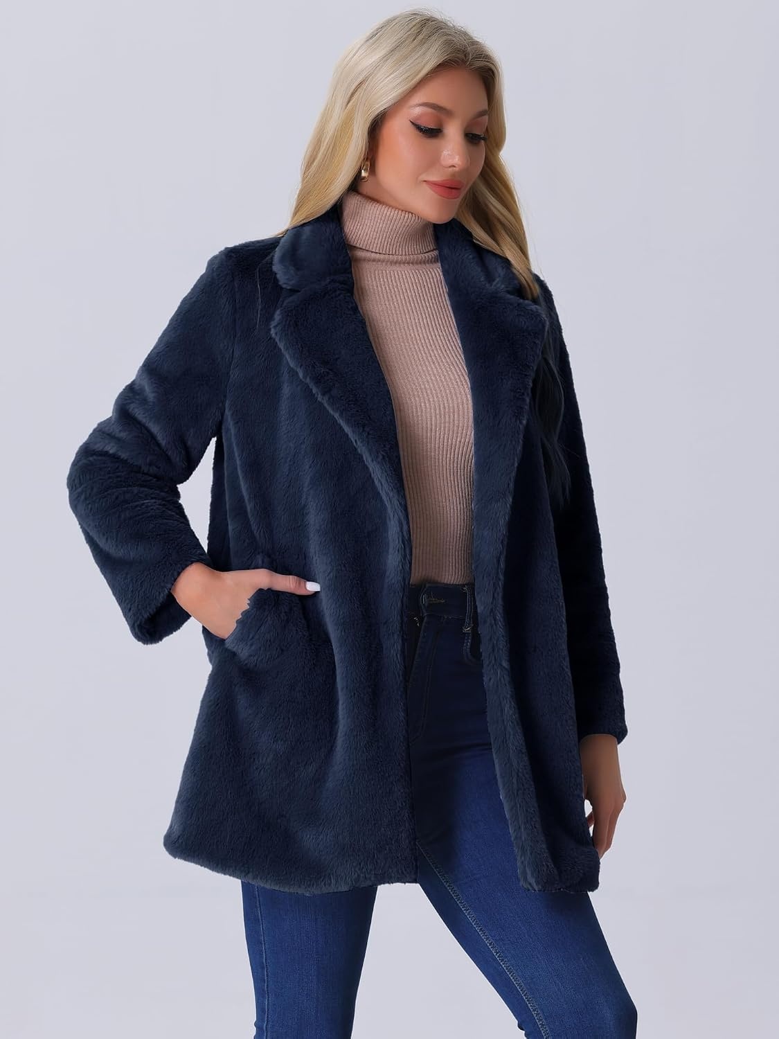 image:imageAllegra K Womens Faux Fur Coat Lapel Warm Winter Casual Long Fluffy Jacket Classic Open Front Design Loose Fit Spring Fall Formal Midthigh Coffee Shop Work OfficeNavy