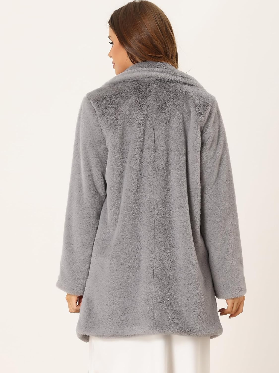 image:imageAllegra K Womens Faux Fur Coat Lapel Warm Winter Casual Long Fluffy Jacket Classic Open Front Design Loose Fit Spring Fall Formal Midthigh Coffee Shop Work OfficeGrey
