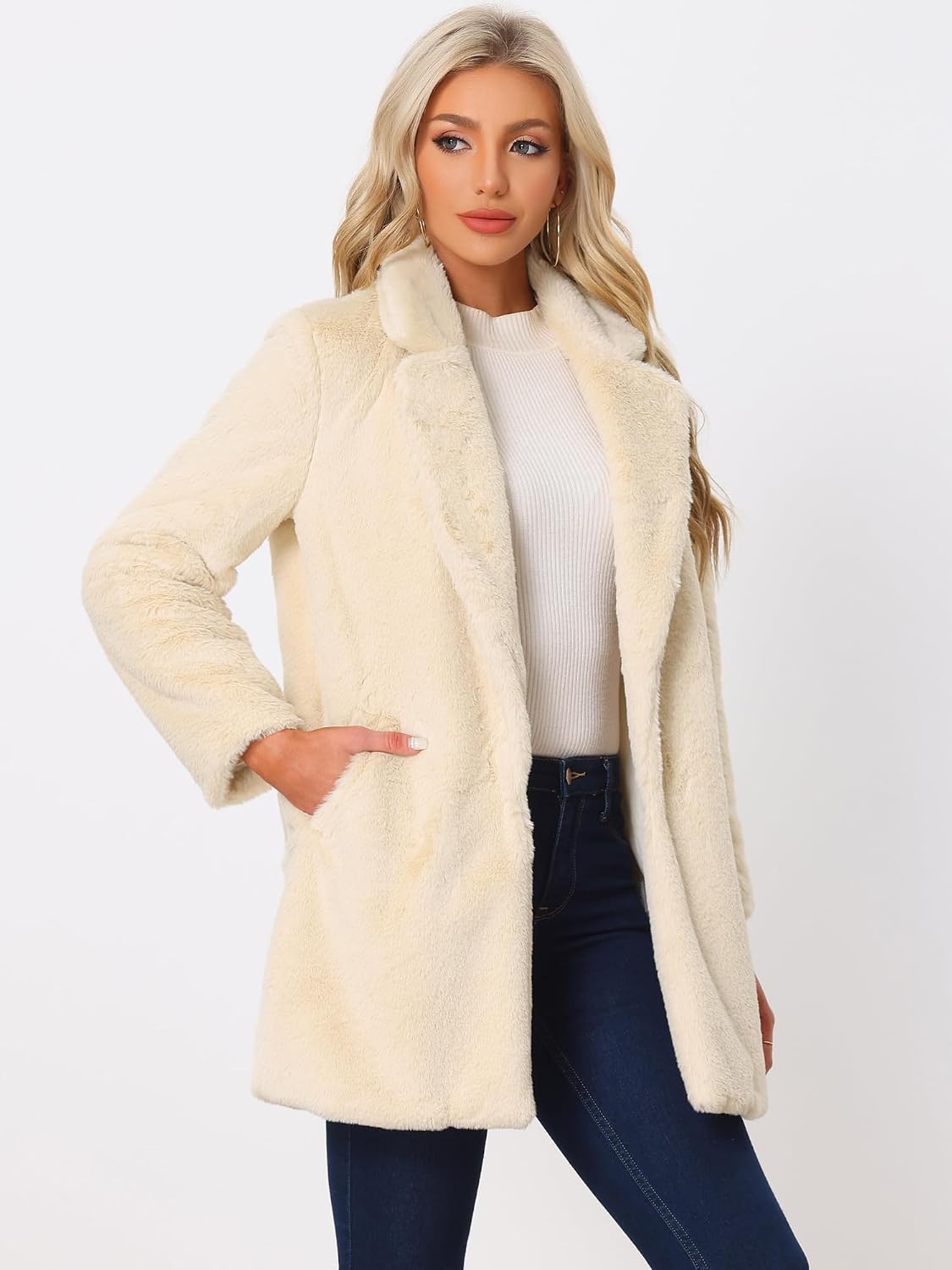 image:imageAllegra K Womens Faux Fur Coat Lapel Warm Winter Casual Long Fluffy Jacket Classic Open Front Design Loose Fit Spring Fall Formal Midthigh Coffee Shop Work OfficeApricot