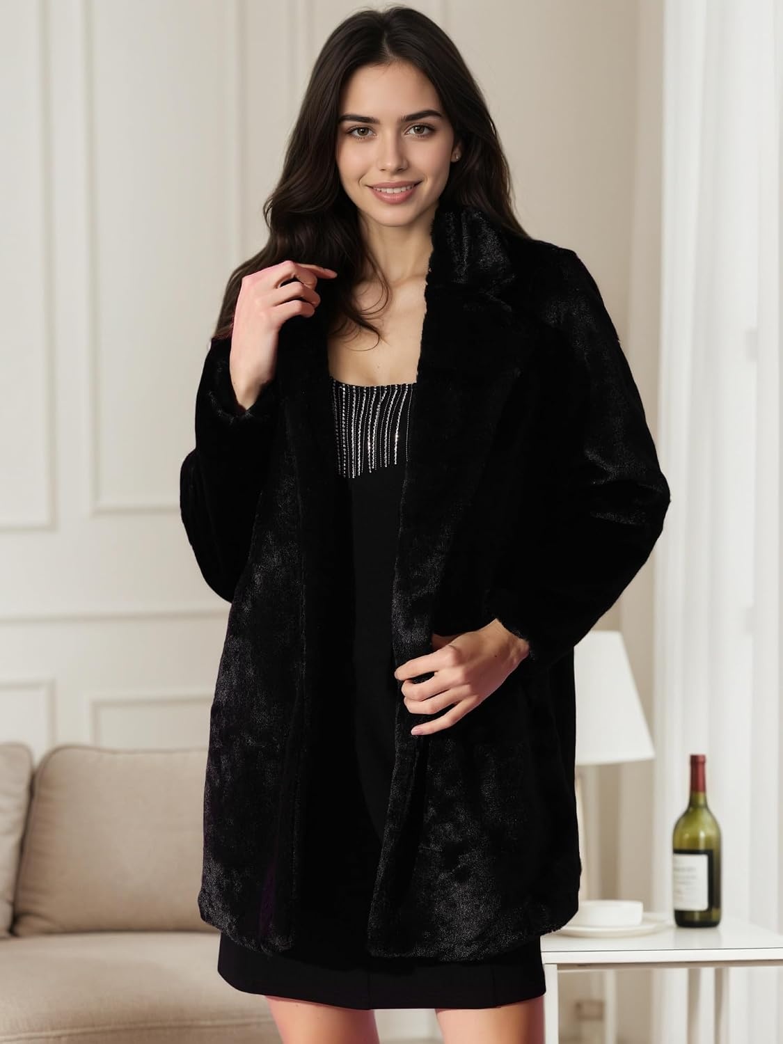 image:imageAllegra K Womens Faux Fur Coat Lapel Warm Winter Casual Long Fluffy Jacket Classic Open Front Design Loose Fit Spring Fall Formal Midthigh Coffee Shop Work OfficeBlack