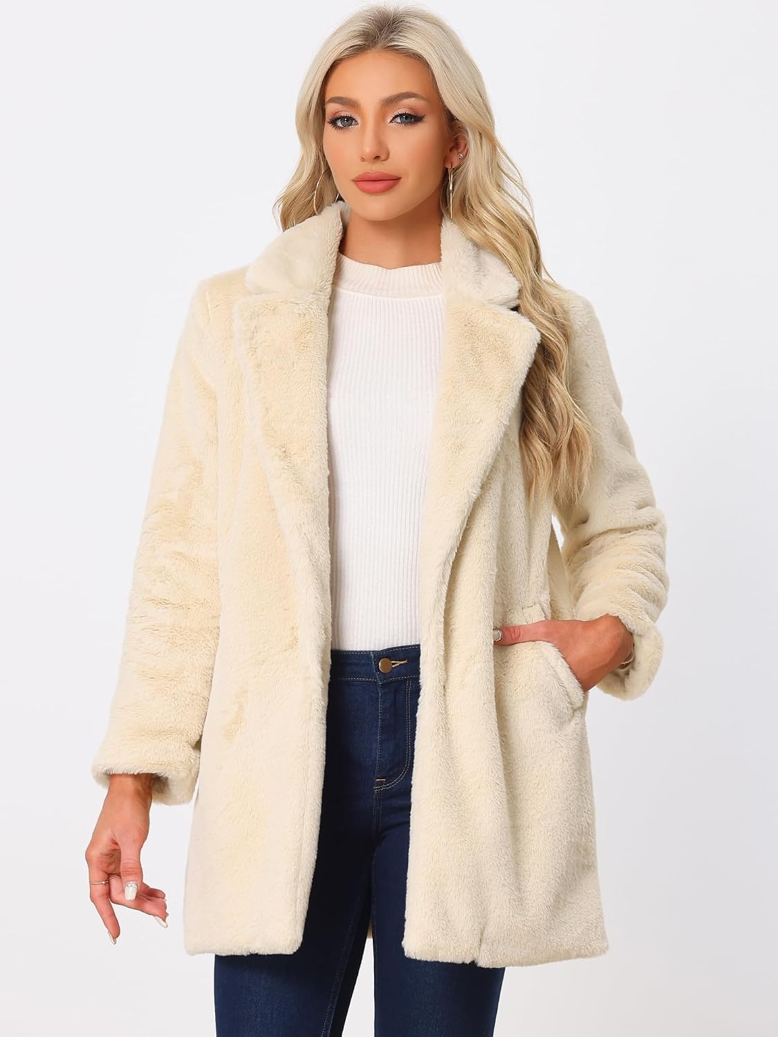 image:imageAllegra K Womens Faux Fur Coat Lapel Warm Winter Casual Long Fluffy Jacket Classic Open Front Design Loose Fit Spring Fall Formal Midthigh Coffee Shop Work OfficeApricot