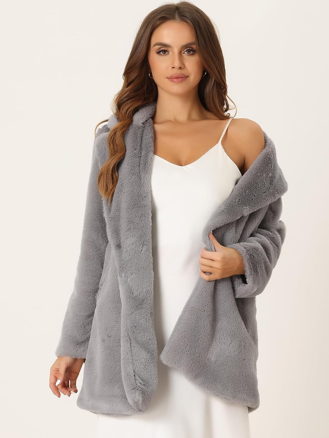 image:imageAllegra K Womens Faux Fur Coat Lapel Warm Winter Casual Long Fluffy Jacket Classic Open Front Design Loose Fit Spring Fall Formal Midthigh Coffee Shop Work OfficeGrey