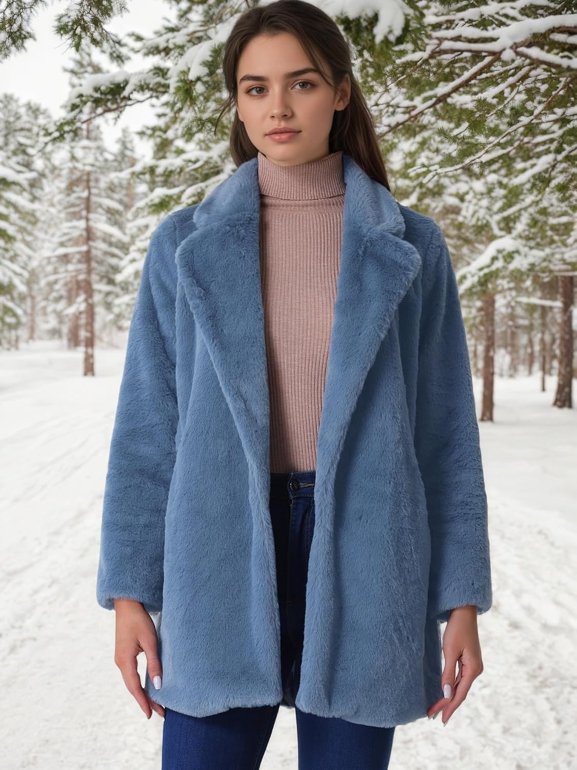 image:imageAllegra K Womens Faux Fur Coat Lapel Warm Winter Casual Long Fluffy Jacket Classic Open Front Design Loose Fit Spring Fall Formal Midthigh Coffee Shop Work OfficeGrey Blue