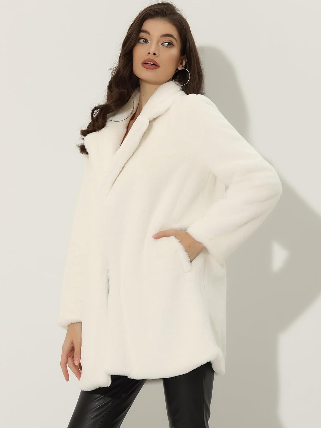 image:imageAllegra K Womens Faux Fur Coat Lapel Warm Winter Casual Long Fluffy Jacket Classic Open Front Design Loose Fit Spring Fall Formal Midthigh Coffee Shop Work OfficeBeige