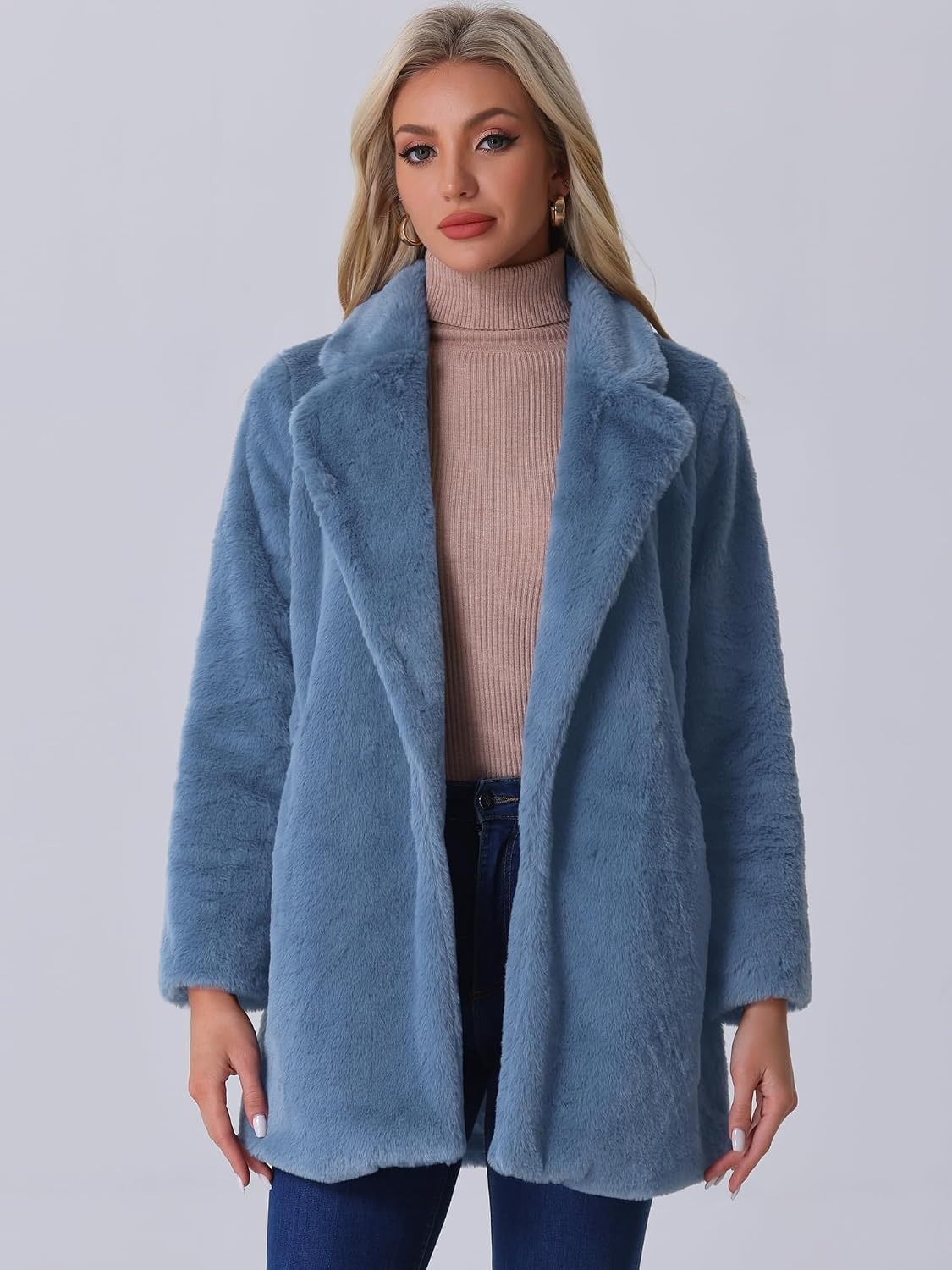 image:imageAllegra K Womens Faux Fur Coat Lapel Warm Winter Casual Long Fluffy Jacket Classic Open Front Design Loose Fit Spring Fall Formal Midthigh Coffee Shop Work OfficeGrey Blue