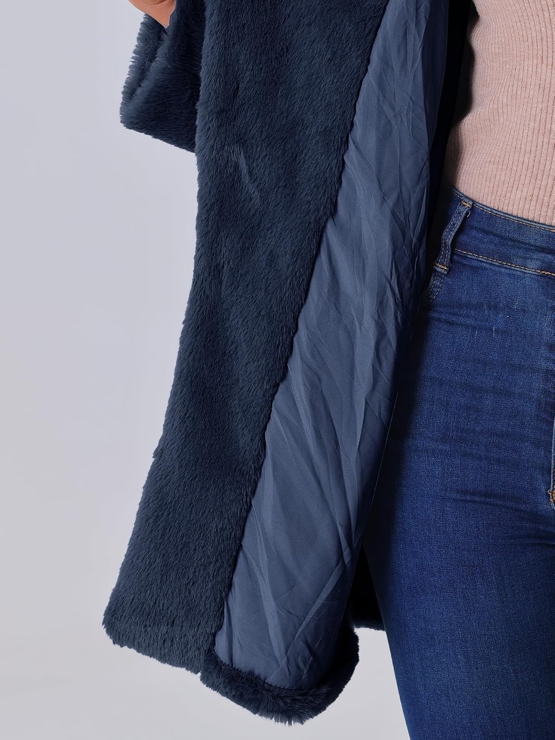 image:imageAllegra K Womens Faux Fur Coat Lapel Warm Winter Casual Long Fluffy Jacket Classic Open Front Design Loose Fit Spring Fall Formal Midthigh Coffee Shop Work OfficeNavy