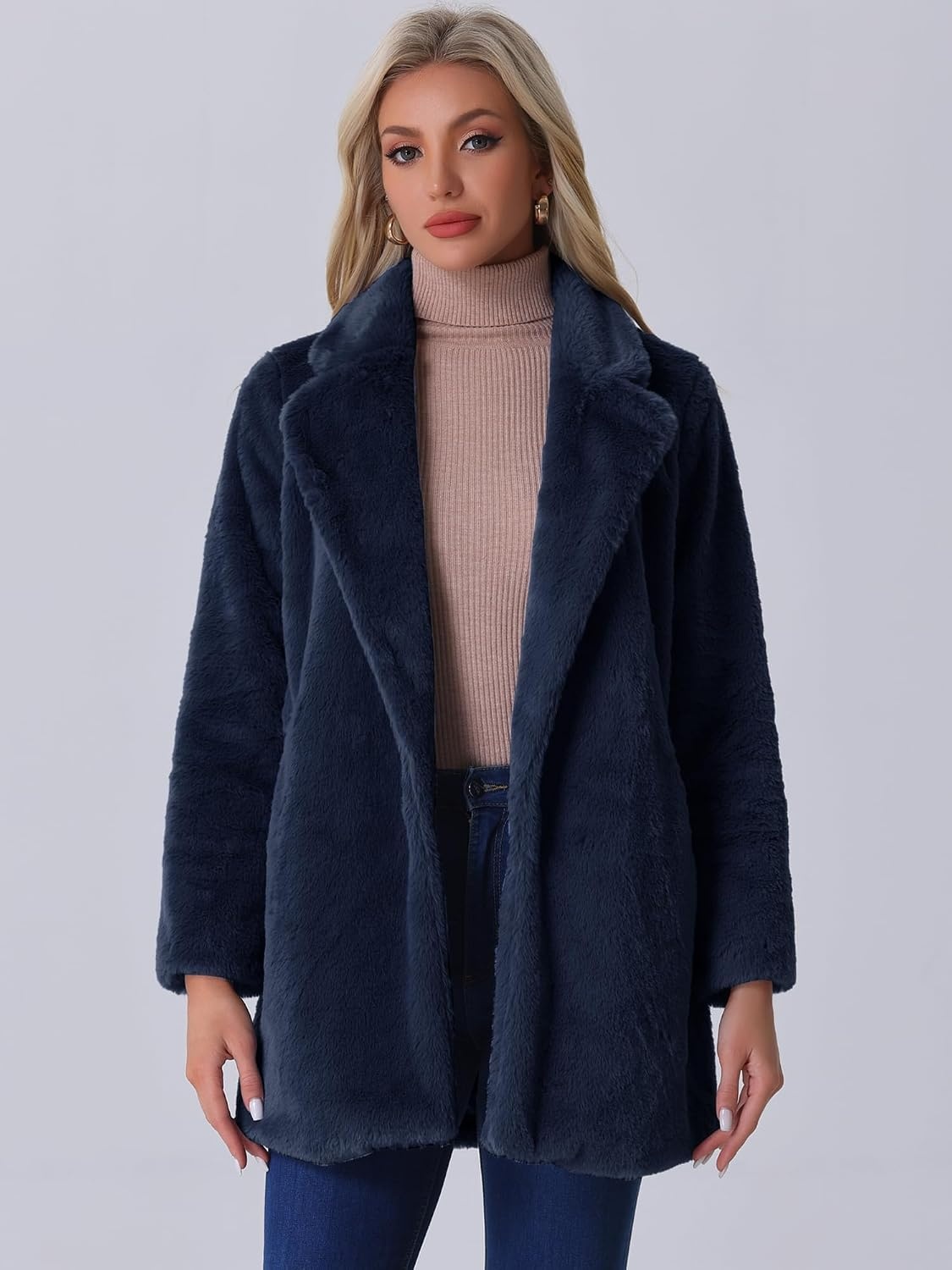 image:imageAllegra K Womens Faux Fur Coat Lapel Warm Winter Casual Long Fluffy Jacket Classic Open Front Design Loose Fit Spring Fall Formal Midthigh Coffee Shop Work OfficeNavy