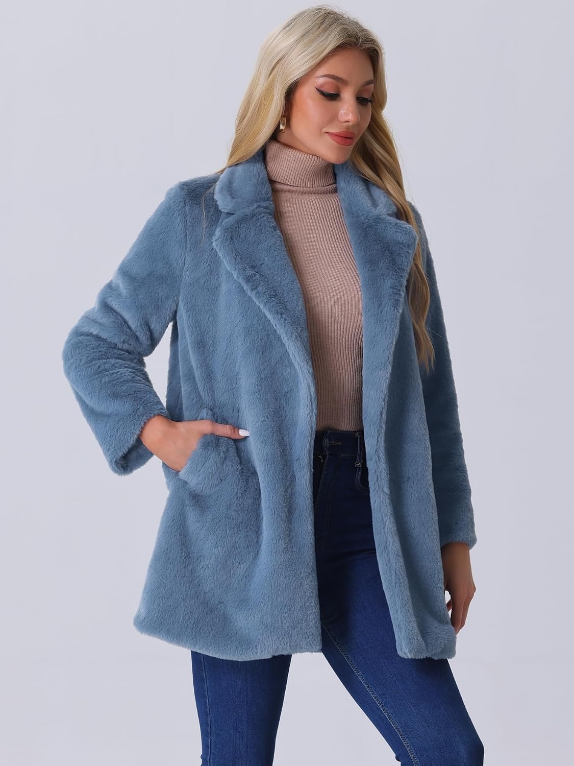 image:imageAllegra K Womens Faux Fur Coat Lapel Warm Winter Casual Long Fluffy Jacket Classic Open Front Design Loose Fit Spring Fall Formal Midthigh Coffee Shop Work OfficeGrey Blue