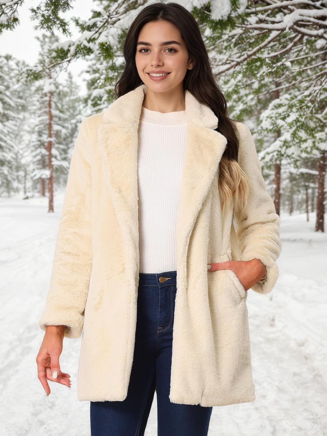 image:imageAllegra K Womens Faux Fur Coat Lapel Warm Winter Casual Long Fluffy Jacket Classic Open Front Design Loose Fit Spring Fall Formal Midthigh Coffee Shop Work OfficeApricot