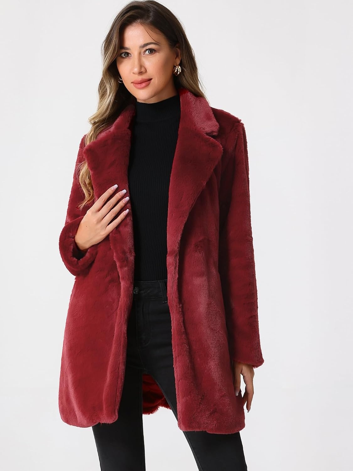 image:imageAllegra K Womens Faux Fur Coat Lapel Warm Winter Casual Long Fluffy Jacket Classic Open Front Design Loose Fit Spring Fall Formal Midthigh Coffee Shop Work OfficeRed