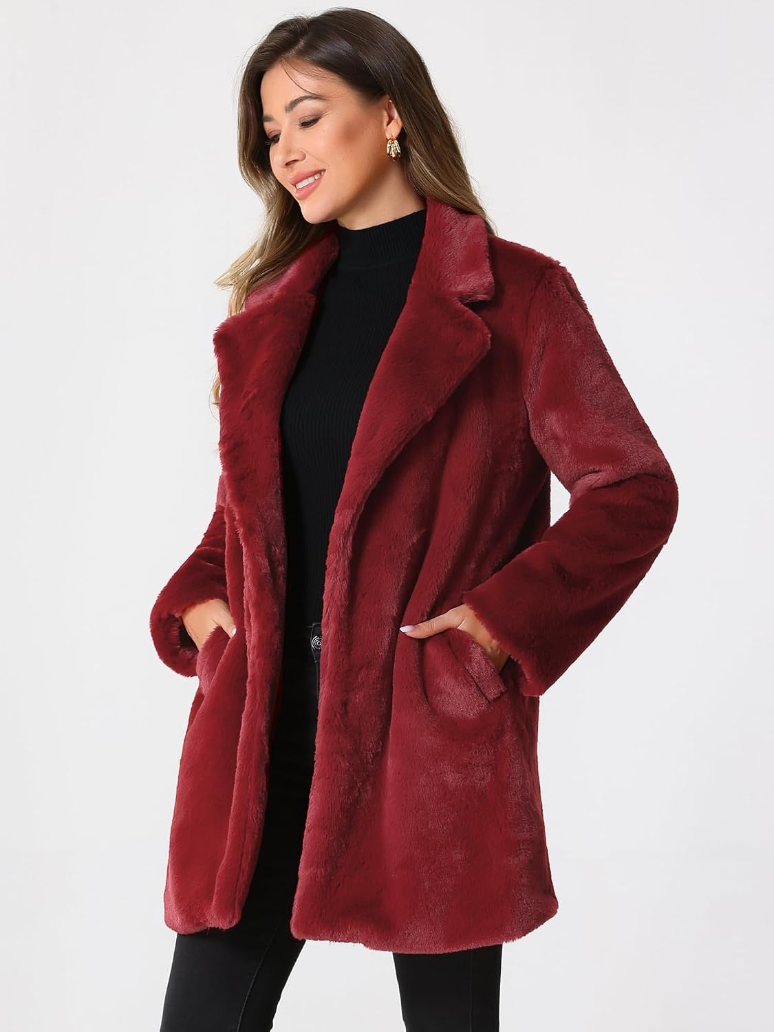 image:imageAllegra K Womens Faux Fur Coat Lapel Warm Winter Casual Long Fluffy Jacket Classic Open Front Design Loose Fit Spring Fall Formal Midthigh Coffee Shop Work OfficeRed