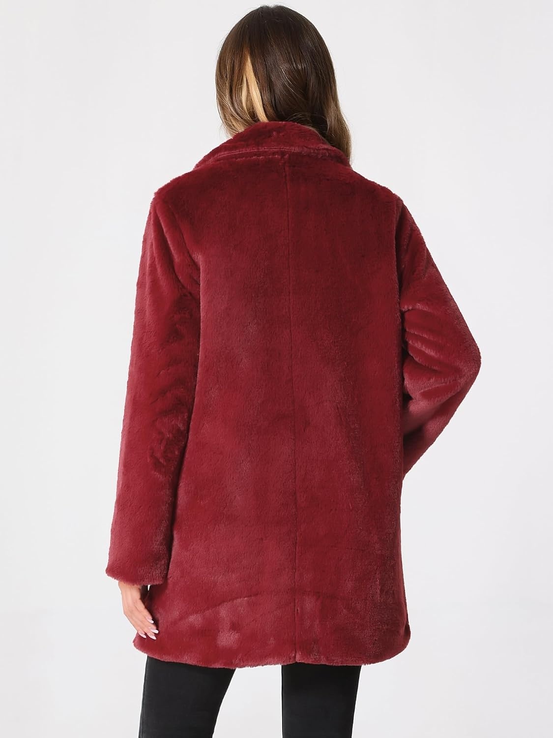 image:imageAllegra K Womens Faux Fur Coat Lapel Warm Winter Casual Long Fluffy Jacket Classic Open Front Design Loose Fit Spring Fall Formal Midthigh Coffee Shop Work OfficeRed