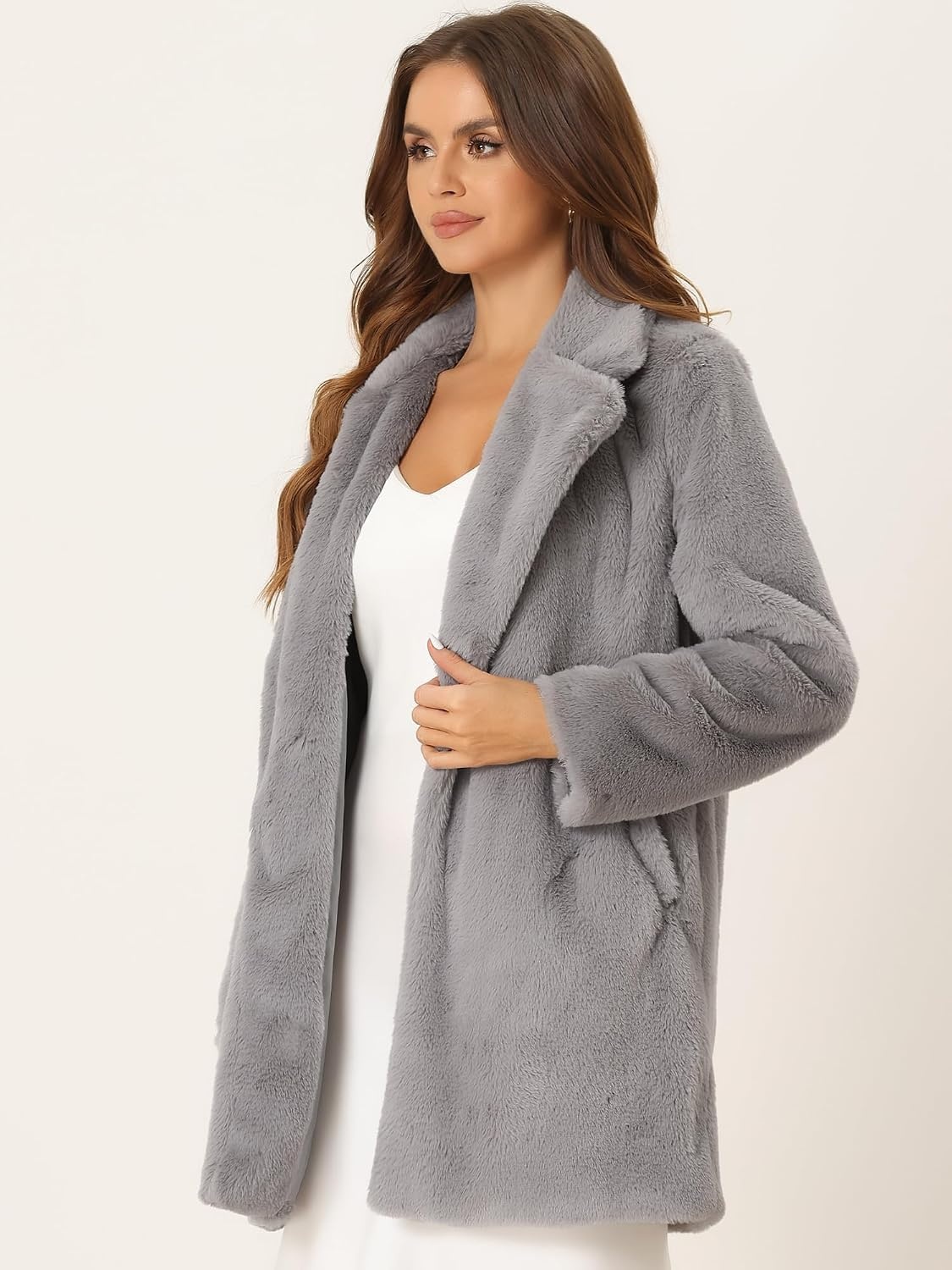 image:imageAllegra K Womens Faux Fur Coat Lapel Warm Winter Casual Long Fluffy Jacket Classic Open Front Design Loose Fit Spring Fall Formal Midthigh Coffee Shop Work OfficeGrey