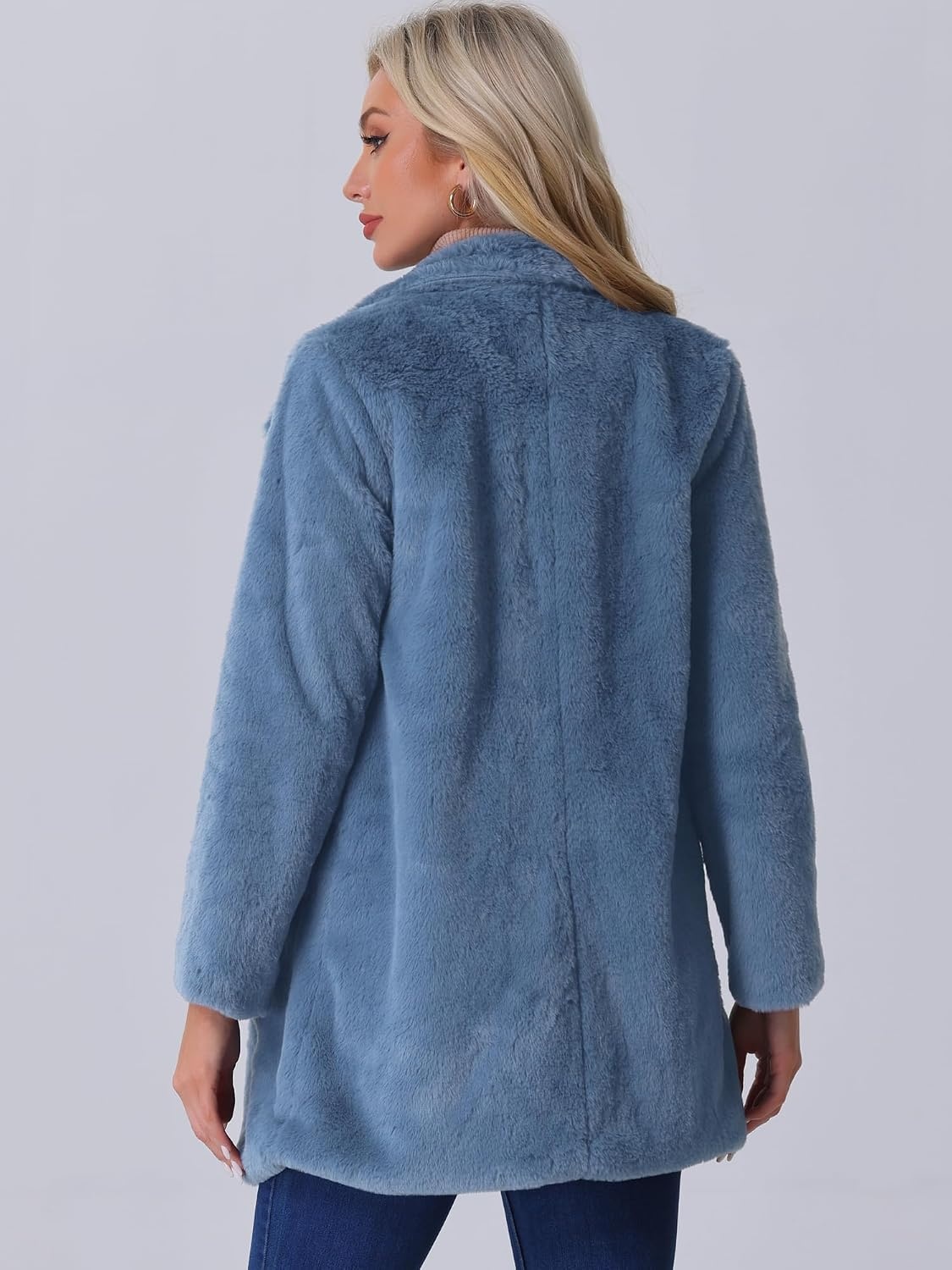 image:imageAllegra K Womens Faux Fur Coat Lapel Warm Winter Casual Long Fluffy Jacket Classic Open Front Design Loose Fit Spring Fall Formal Midthigh Coffee Shop Work OfficeGrey Blue