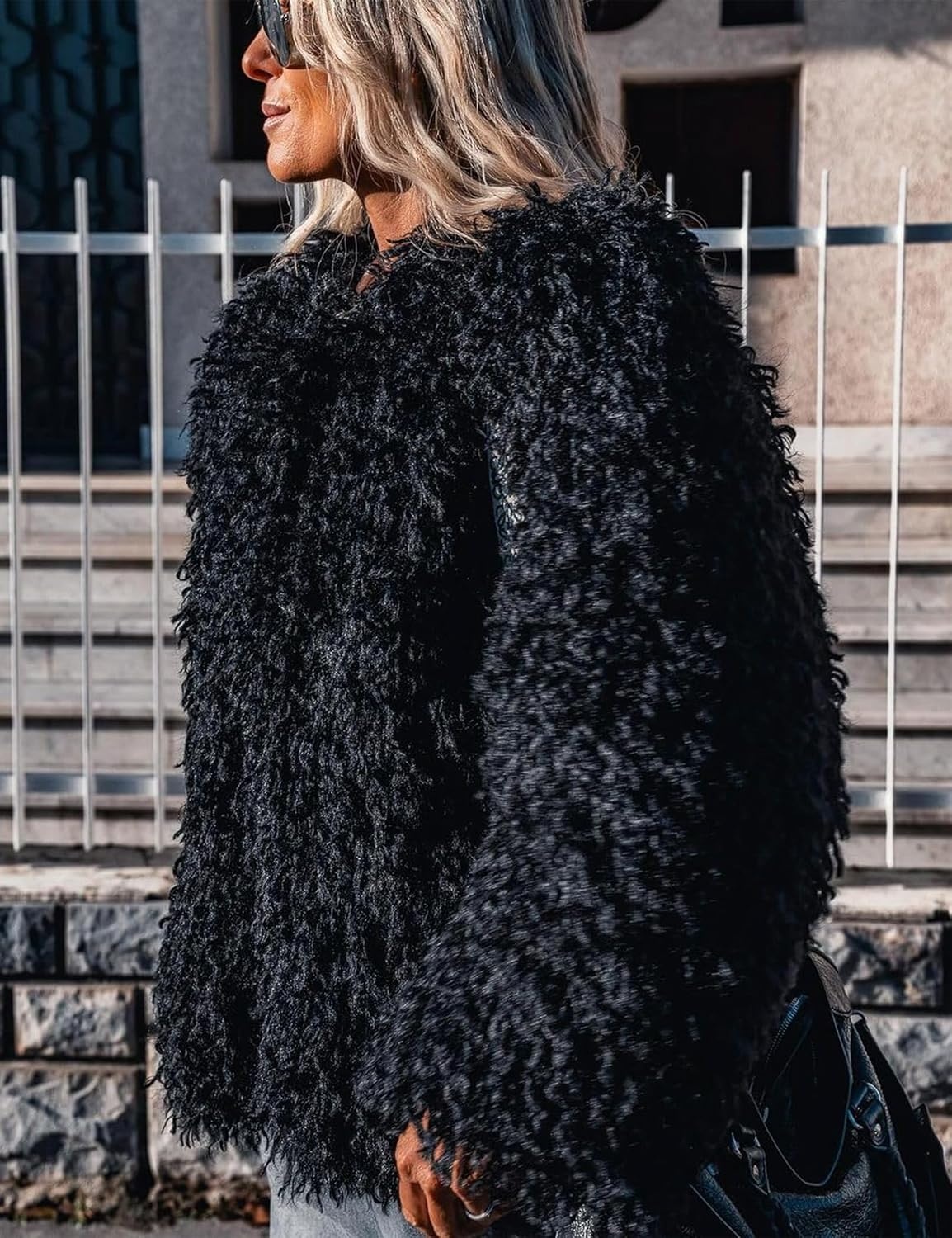 image:imageAoang Womens Faux Fur Jacket Cropped Fleece Warm Outerwear Winter Coat Soft Shaggy Faux Fur with Hook Eye ClosuresPerfect for Fall Layers or Mild Winter DaysElevating Casual Chic LookBlack
