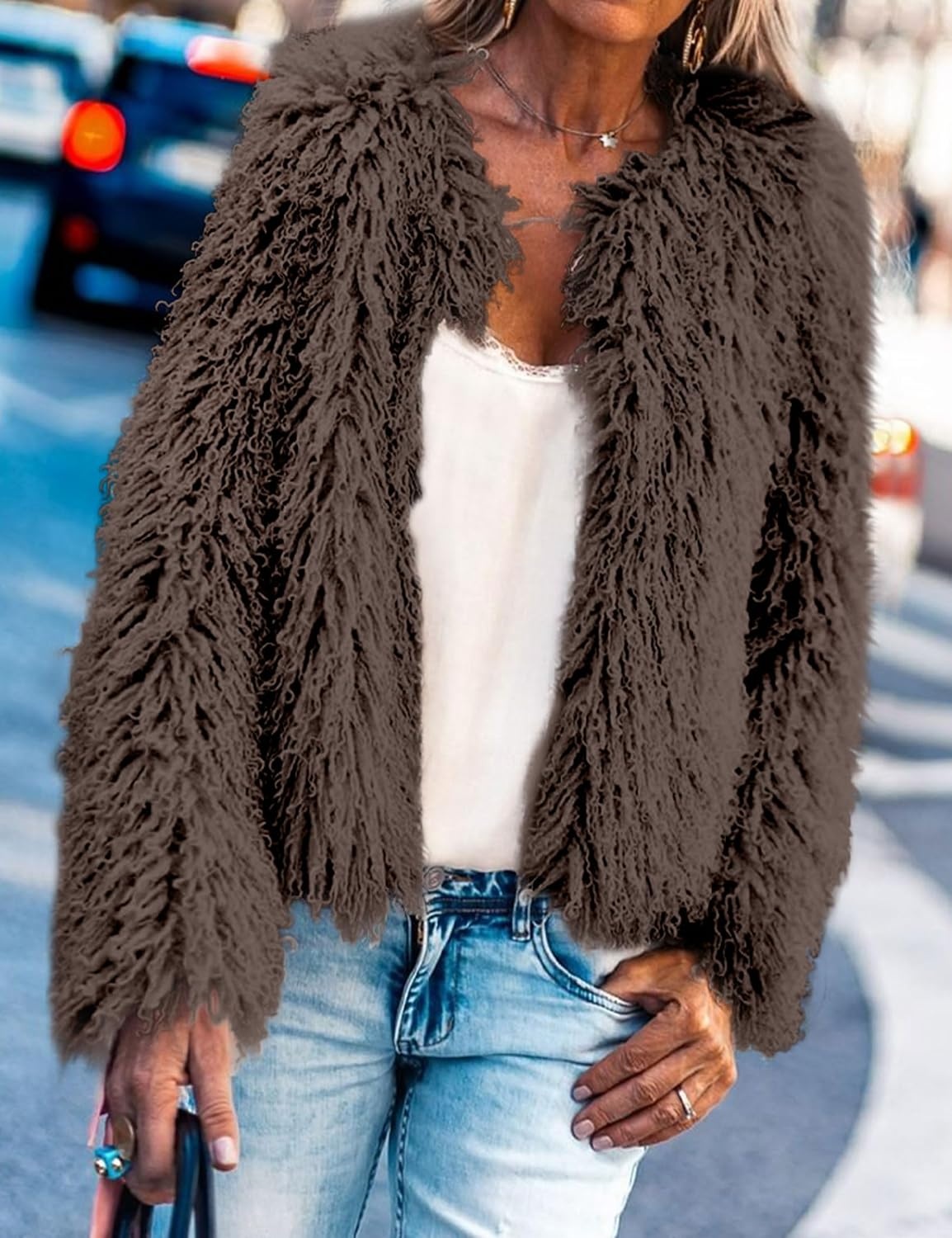 image:imageAoang Womens Faux Fur Jacket Cropped Fleece Warm Outerwear Winter Coat Soft Shaggy Faux Fur with Hook Eye ClosuresPerfect for Fall Layers or Mild Winter DaysElevating Casual Chic LookCoffee