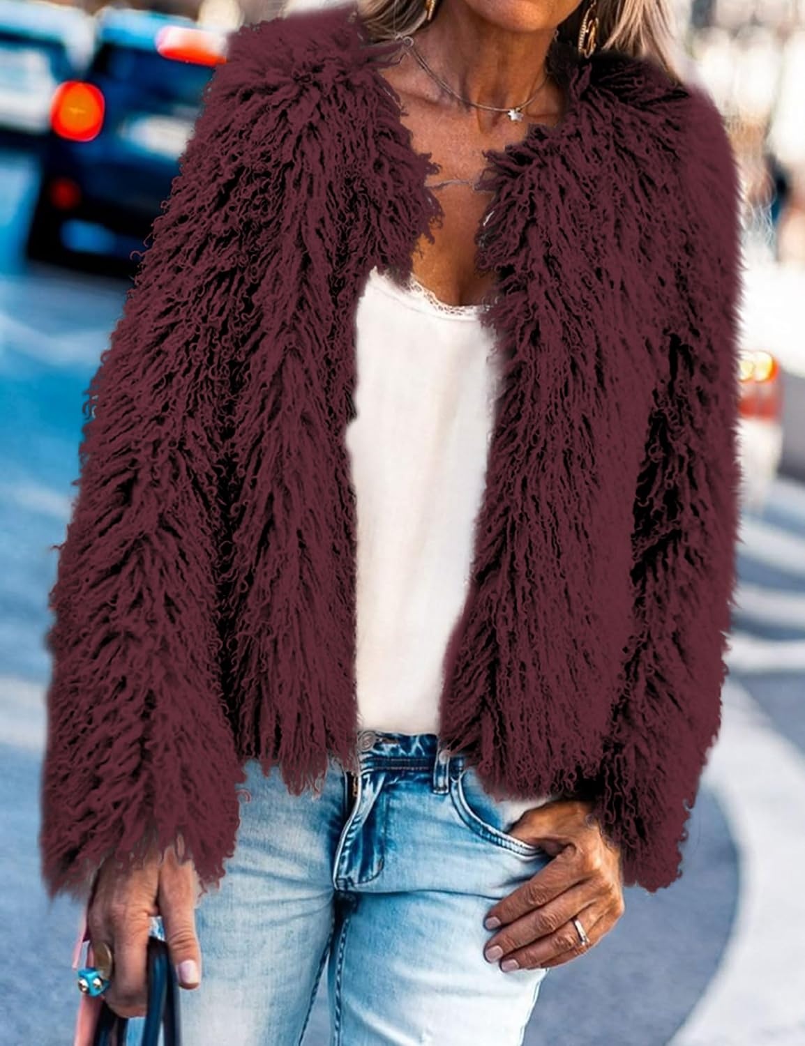 image:imageAoang Womens Faux Fur Jacket Cropped Fleece Warm Outerwear Winter Coat Soft Shaggy Faux Fur with Hook Eye ClosuresPerfect for Fall Layers or Mild Winter DaysElevating Casual Chic LookWine Red