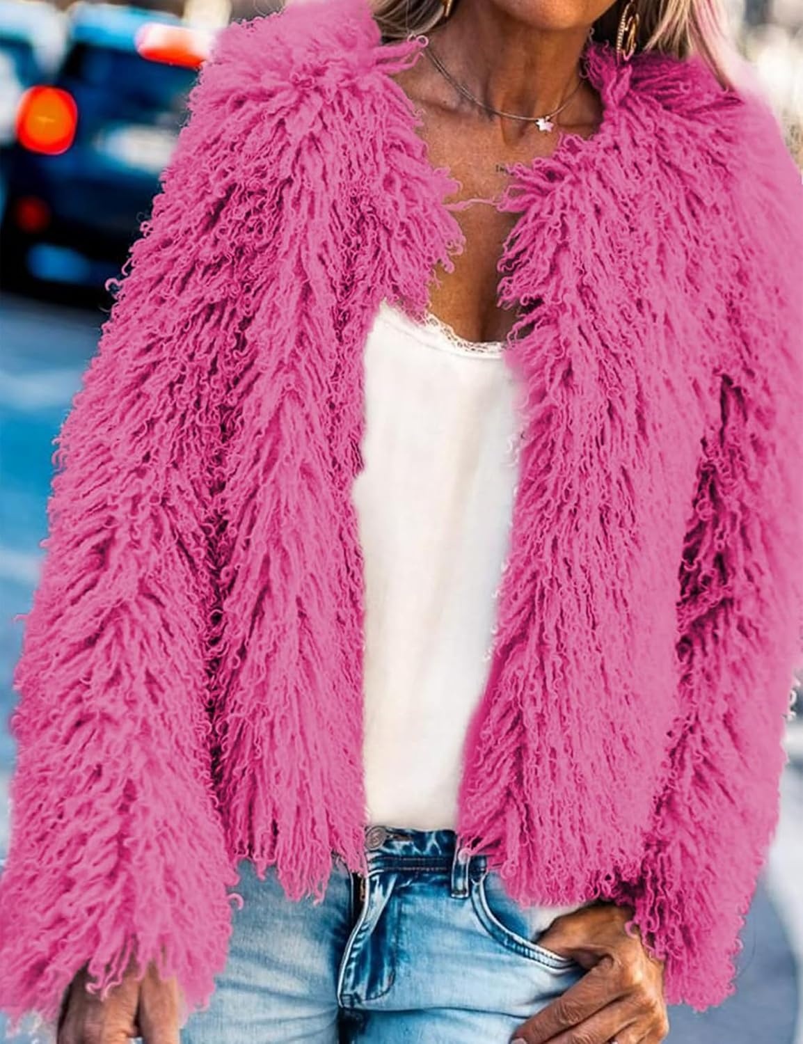 image:imageAoang Womens Faux Fur Jacket Cropped Fleece Warm Outerwear Winter Coat Soft Shaggy Faux Fur with Hook Eye ClosuresPerfect for Fall Layers or Mild Winter DaysElevating Casual Chic LookHot Pink