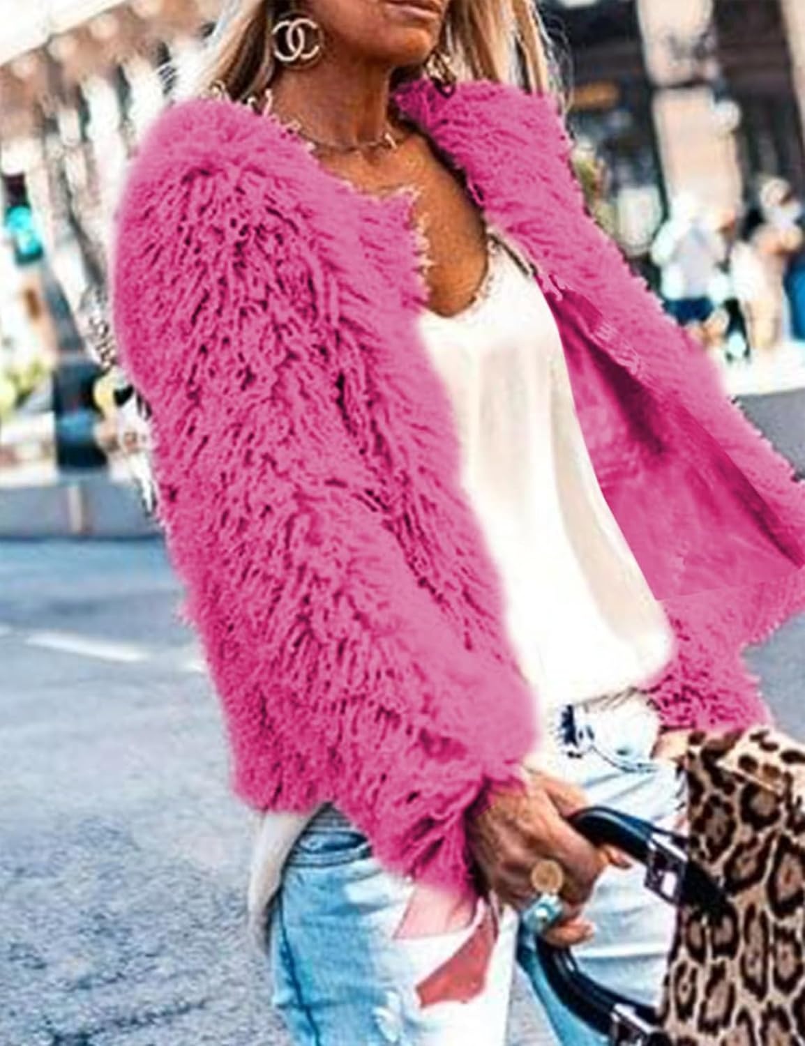 image:imageAoang Womens Faux Fur Jacket Cropped Fleece Warm Outerwear Winter Coat Soft Shaggy Faux Fur with Hook Eye ClosuresPerfect for Fall Layers or Mild Winter DaysElevating Casual Chic LookHot Pink