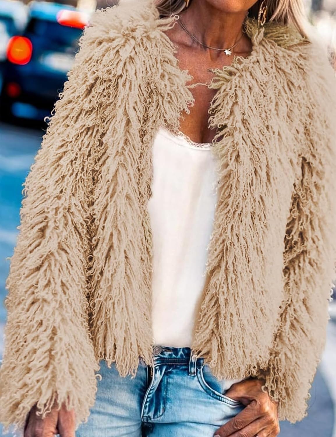 image:imageAoang Womens Faux Fur Jacket Cropped Fleece Warm Outerwear Winter Coat Soft Shaggy Faux Fur with Hook Eye ClosuresPerfect for Fall Layers or Mild Winter DaysElevating Casual Chic LookNude