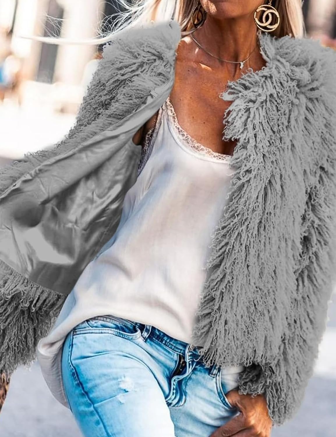 image:imageAoang Womens Faux Fur Jacket Cropped Fleece Warm Outerwear Winter Coat Soft Shaggy Faux Fur with Hook Eye ClosuresPerfect for Fall Layers or Mild Winter DaysElevating Casual Chic LookGrey