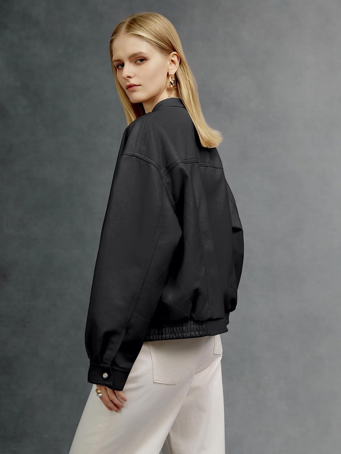 image:imageBellivera Womens Oversized Faux Leather Bomber Motorcycle Casual Jacket Windproof Shell Relaxed Drop Shoulder Snap Zip Closure Urban Street Style Versatile Travel Commute Spring Autumn WearBlack Casual Coat