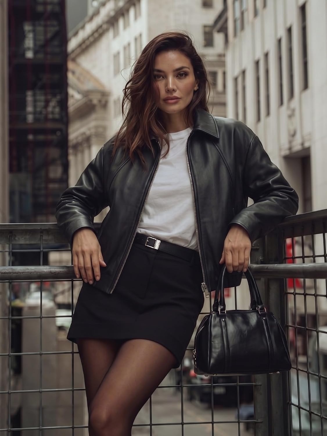 image:imageBellivera Womens Oversized Faux Leather Bomber Motorcycle Casual Jacket Windproof Shell Relaxed Drop Shoulder Snap Zip Closure Urban Street Style Versatile Travel Commute Spring Autumn WearBlack Faux Leather Coat