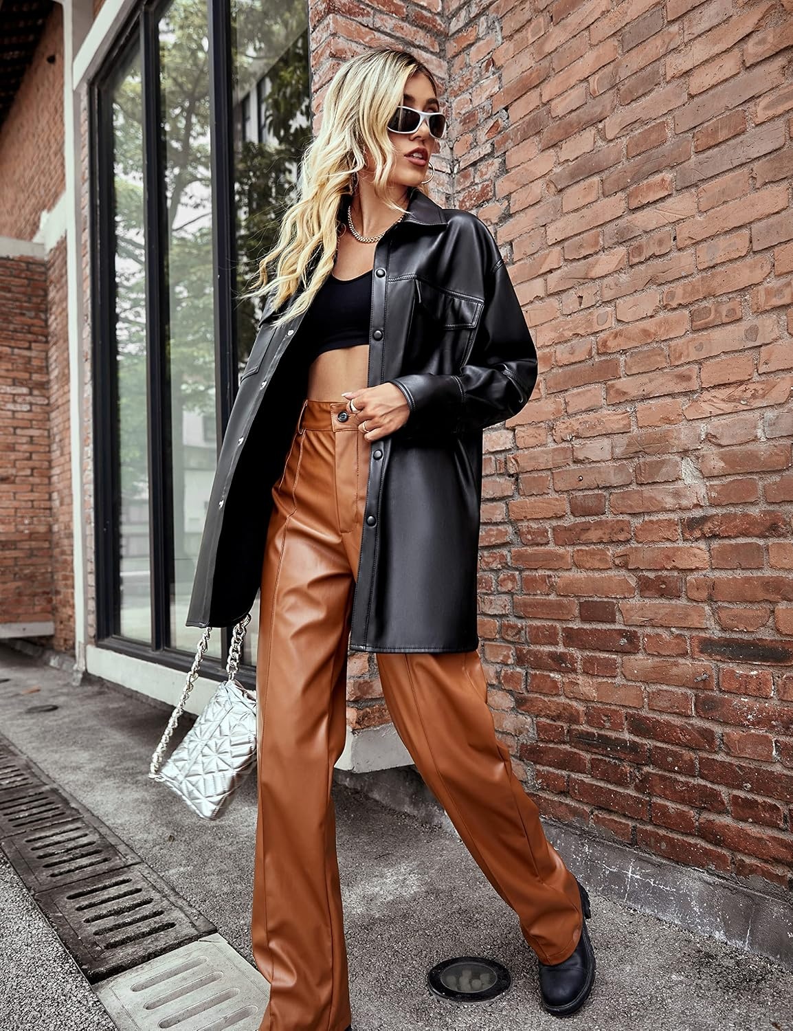 image:imageBellivera Womens Oversized Faux Leather Bomber Motorcycle Casual Jacket Windproof Shell Relaxed Drop Shoulder Snap Zip Closure Urban Street Style Versatile Travel Commute Spring Autumn WearBlack Biker Coat