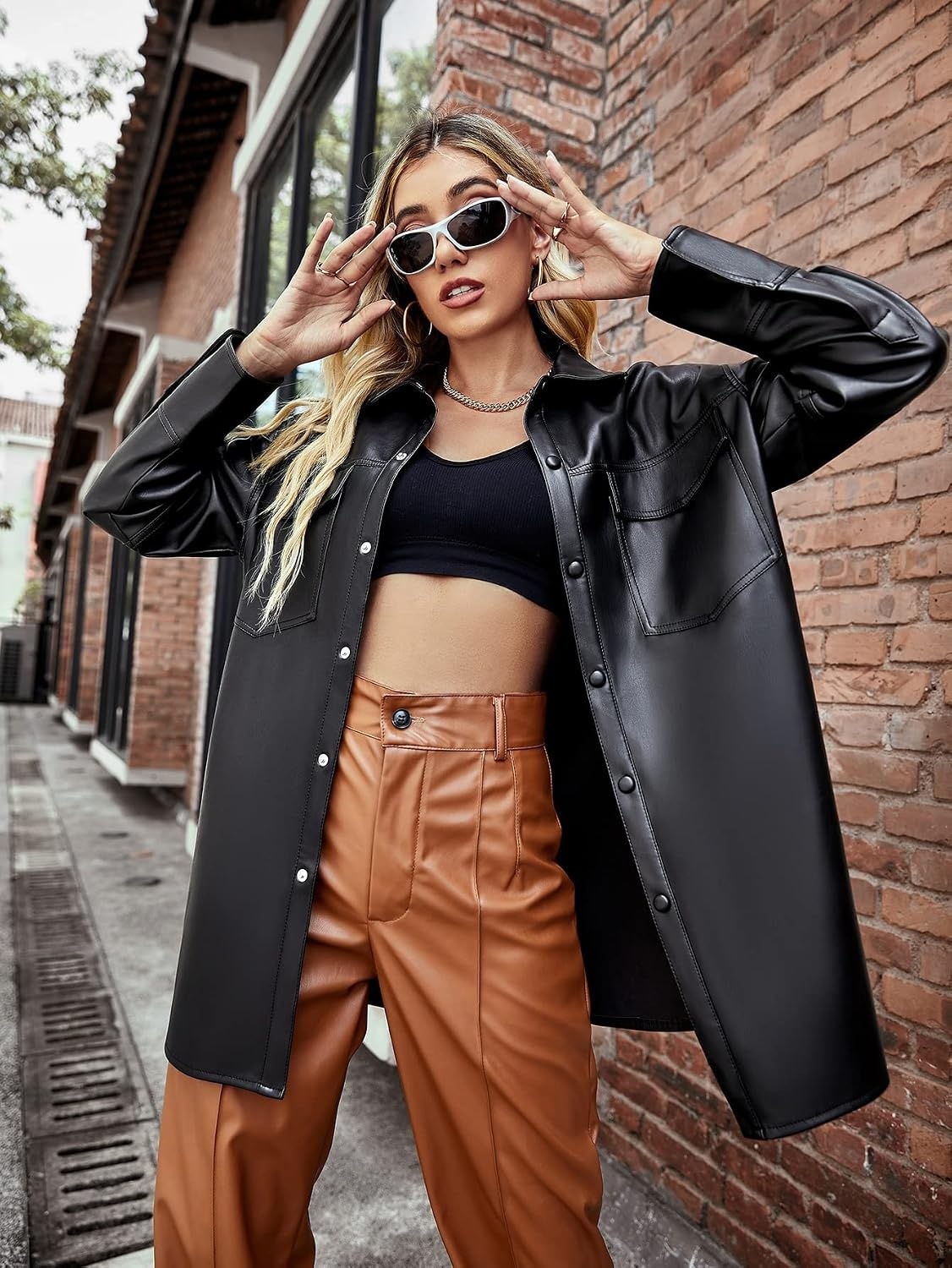image:imageBellivera Womens Oversized Faux Leather Bomber Motorcycle Casual Jacket Windproof Shell Relaxed Drop Shoulder Snap Zip Closure Urban Street Style Versatile Travel Commute Spring Autumn WearBlack Biker Coat