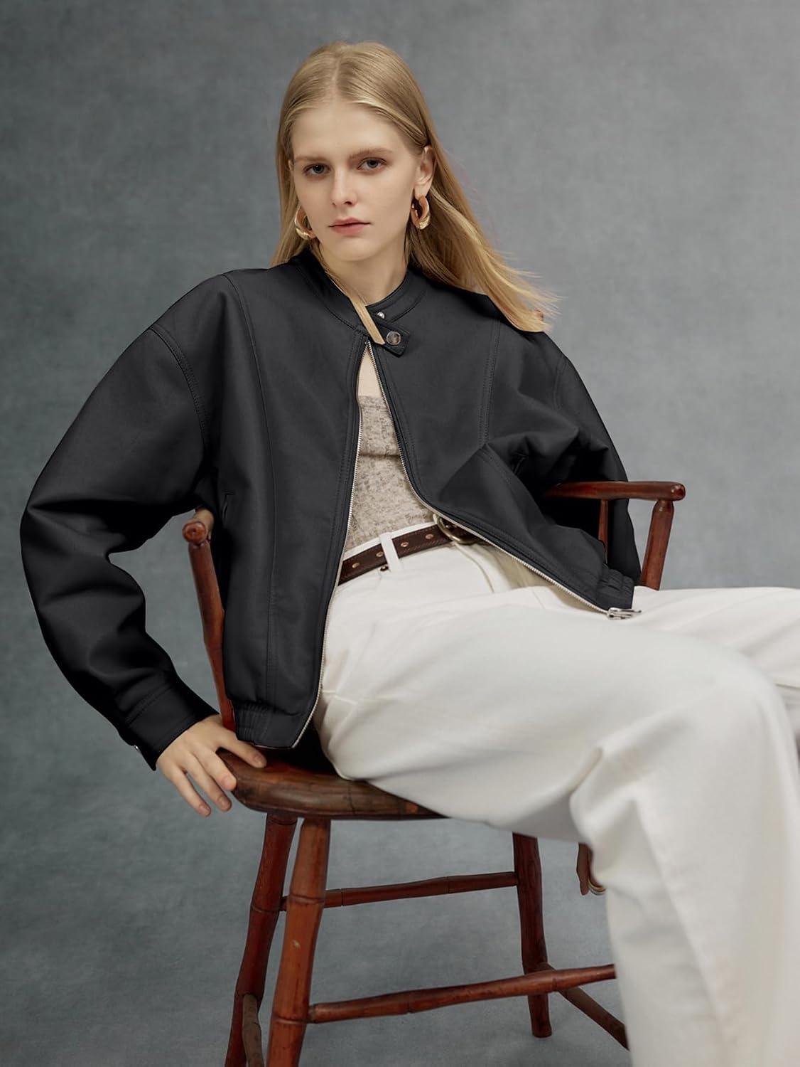 image:imageBellivera Womens Oversized Faux Leather Bomber Motorcycle Casual Jacket Windproof Shell Relaxed Drop Shoulder Snap Zip Closure Urban Street Style Versatile Travel Commute Spring Autumn WearBlack Casual Coat