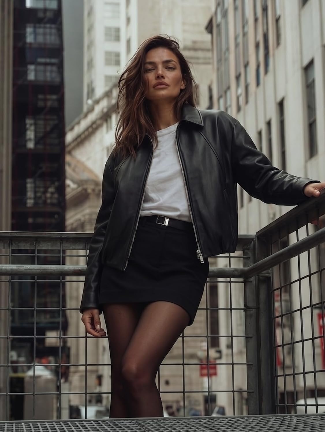 image:imageBellivera Womens Oversized Faux Leather Bomber Motorcycle Casual Jacket Windproof Shell Relaxed Drop Shoulder Snap Zip Closure Urban Street Style Versatile Travel Commute Spring Autumn WearBlack Faux Leather Coat