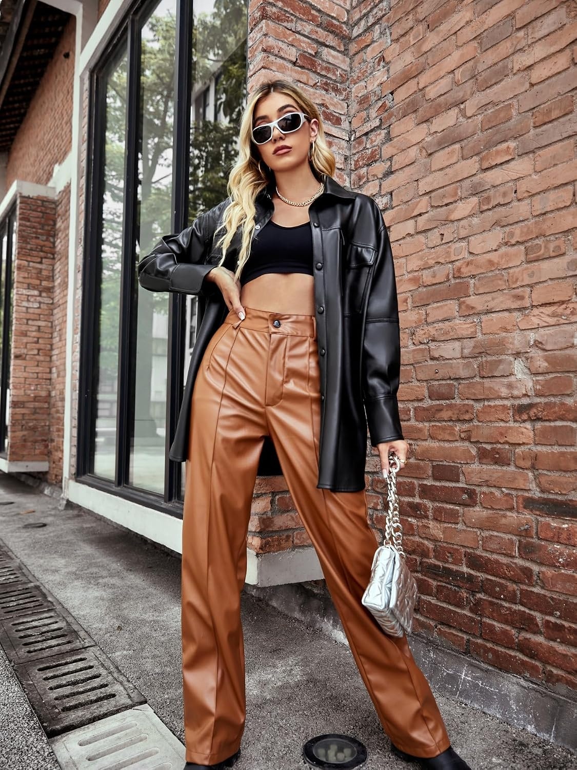 image:imageBellivera Womens Oversized Faux Leather Bomber Motorcycle Casual Jacket Windproof Shell Relaxed Drop Shoulder Snap Zip Closure Urban Street Style Versatile Travel Commute Spring Autumn WearBlack Biker Coat