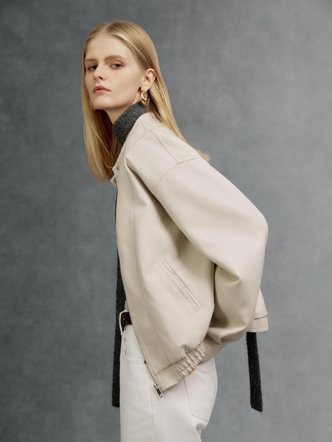 image:imageBellivera Womens Oversized Faux Leather Bomber Motorcycle Casual Jacket Windproof Shell Relaxed Drop Shoulder Snap Zip Closure Urban Street Style Versatile Travel Commute Spring Autumn WearBeige Casual Coat