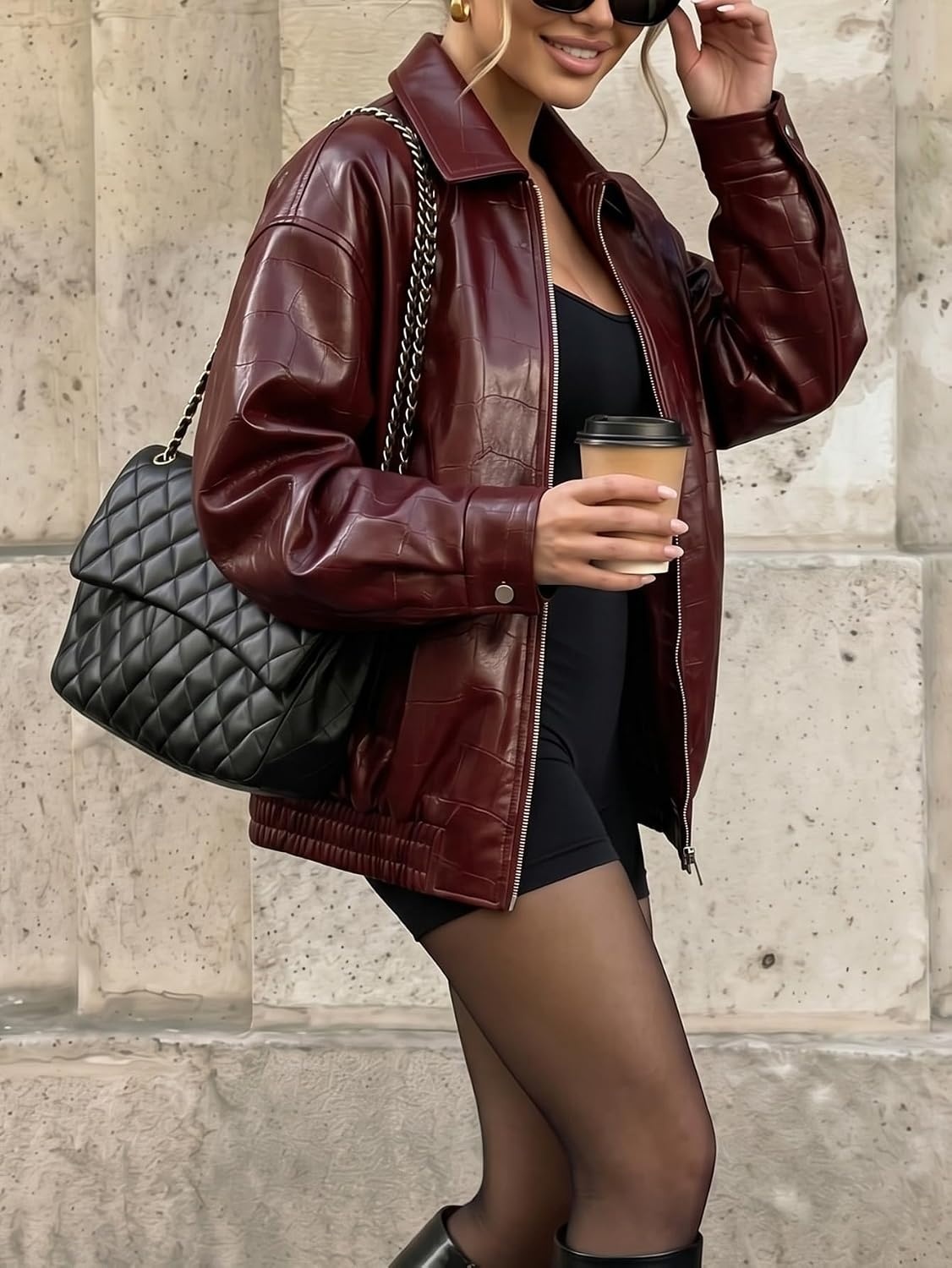 image:imageBellivera Womens Oversized Faux Leather Bomber Motorcycle Casual Jacket Windproof Shell Relaxed Drop Shoulder Snap Zip Closure Urban Street Style Versatile Travel Commute Spring Autumn WearWine Oversized Coat