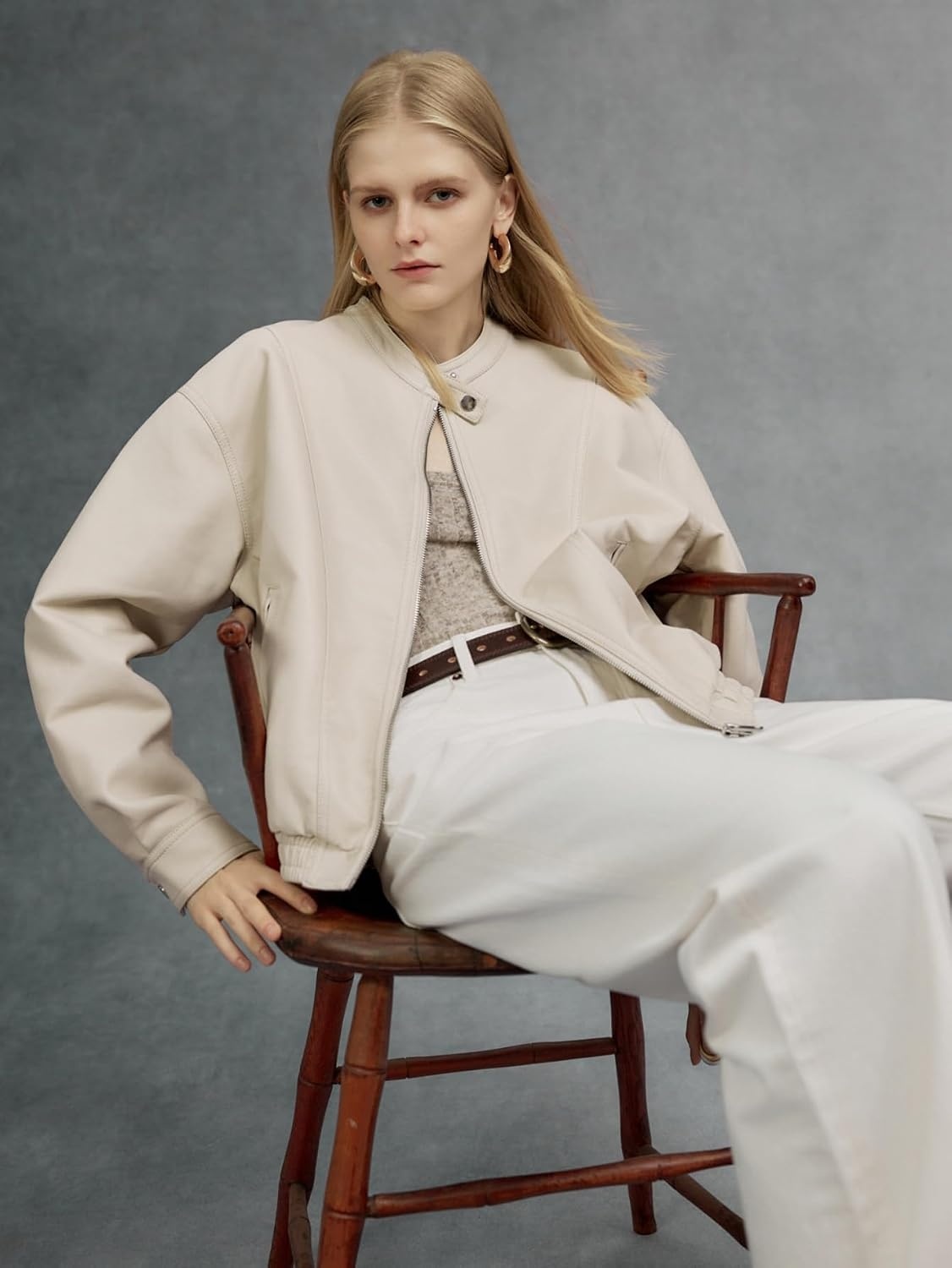 image:imageBellivera Womens Oversized Faux Leather Bomber Motorcycle Casual Jacket Windproof Shell Relaxed Drop Shoulder Snap Zip Closure Urban Street Style Versatile Travel Commute Spring Autumn WearBeige Casual Coat