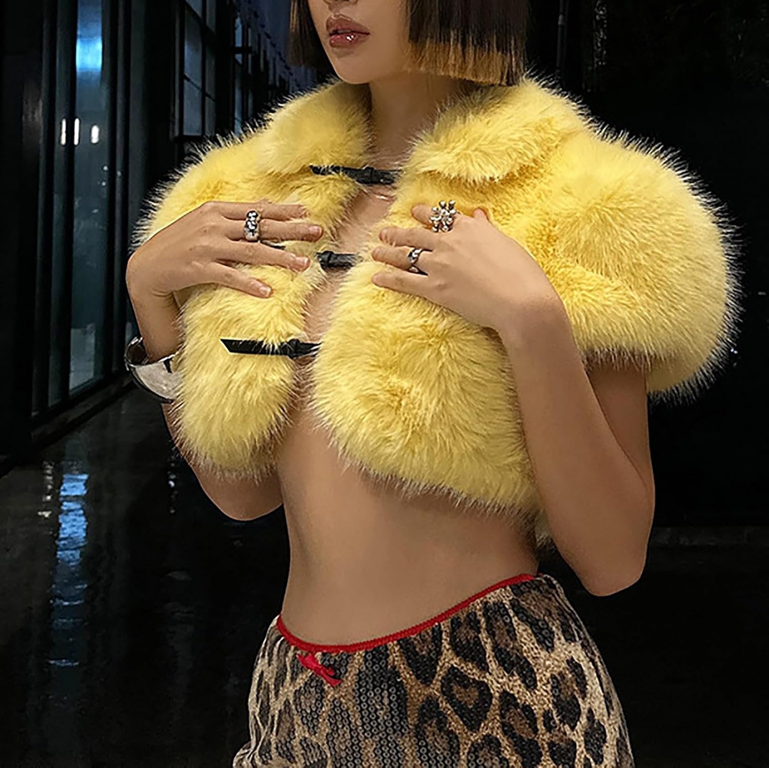 image:imageCORIRESHA Womens Crop Faux Fur Coat Belt Buckles Short Sleeve Shrug Jacket TopYellow