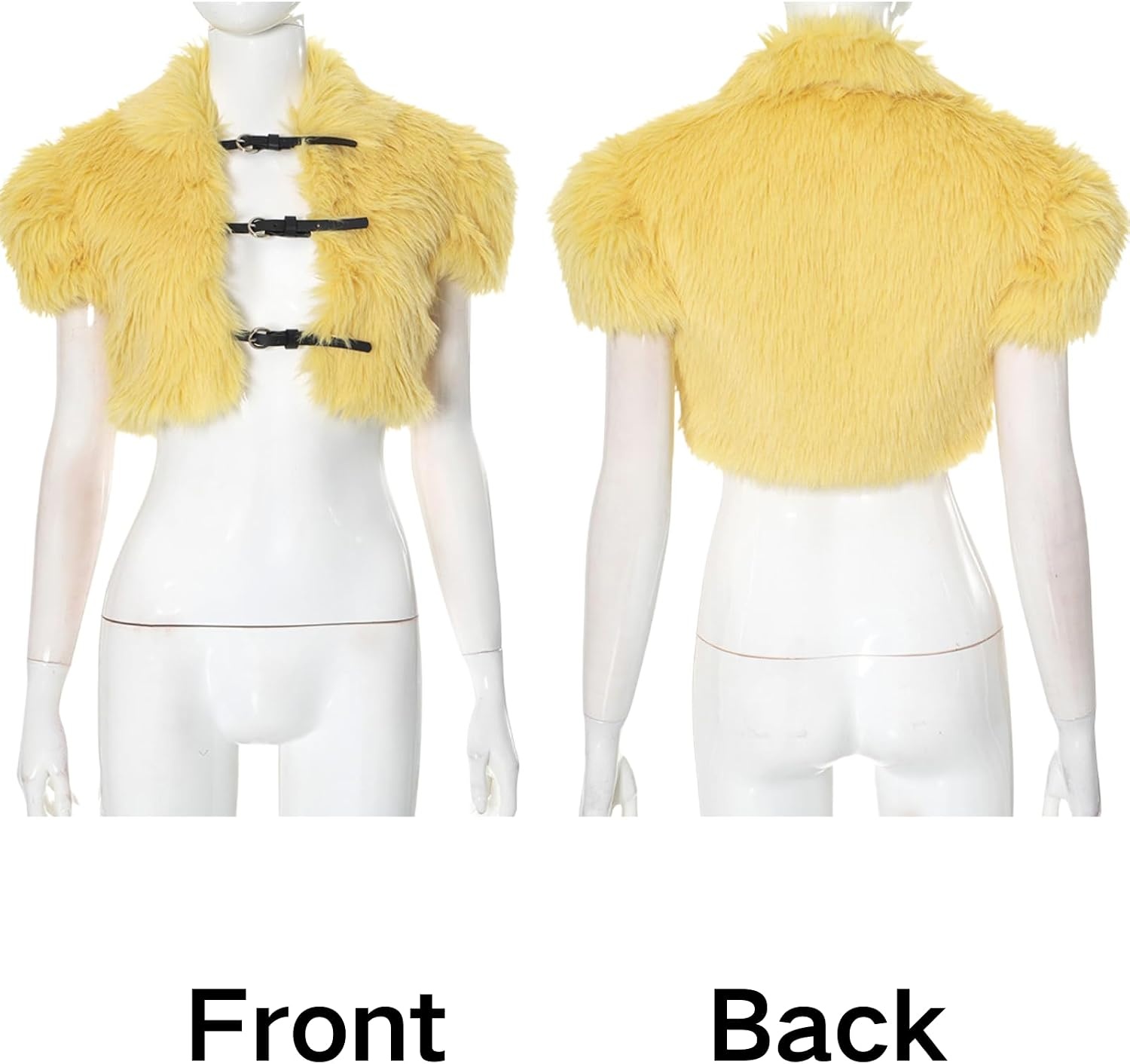 image:imageCORIRESHA Womens Crop Faux Fur Coat Belt Buckles Short Sleeve Shrug Jacket TopYellow