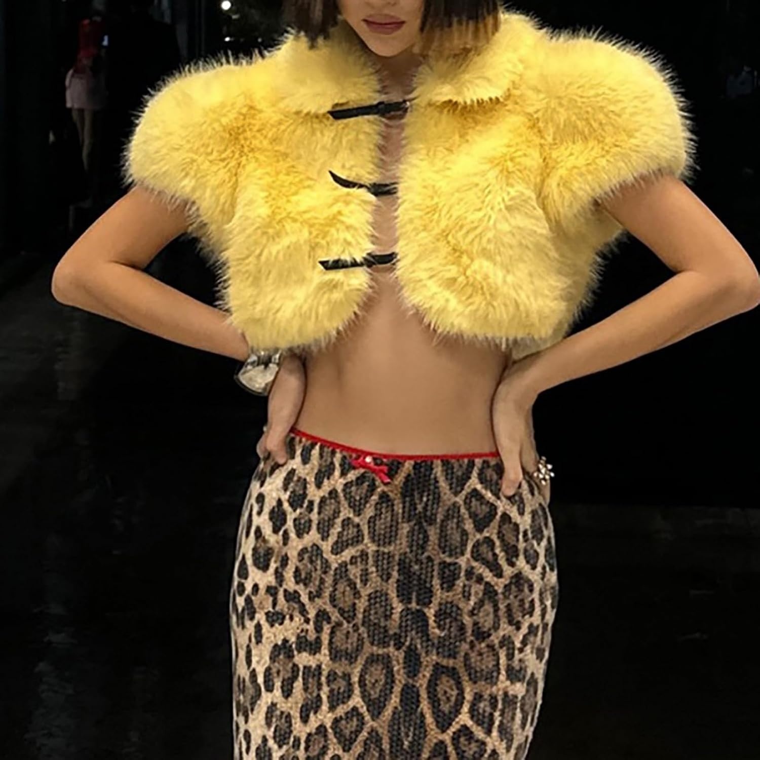 image:imageCORIRESHA Womens Crop Faux Fur Coat Belt Buckles Short Sleeve Shrug Jacket TopYellow
