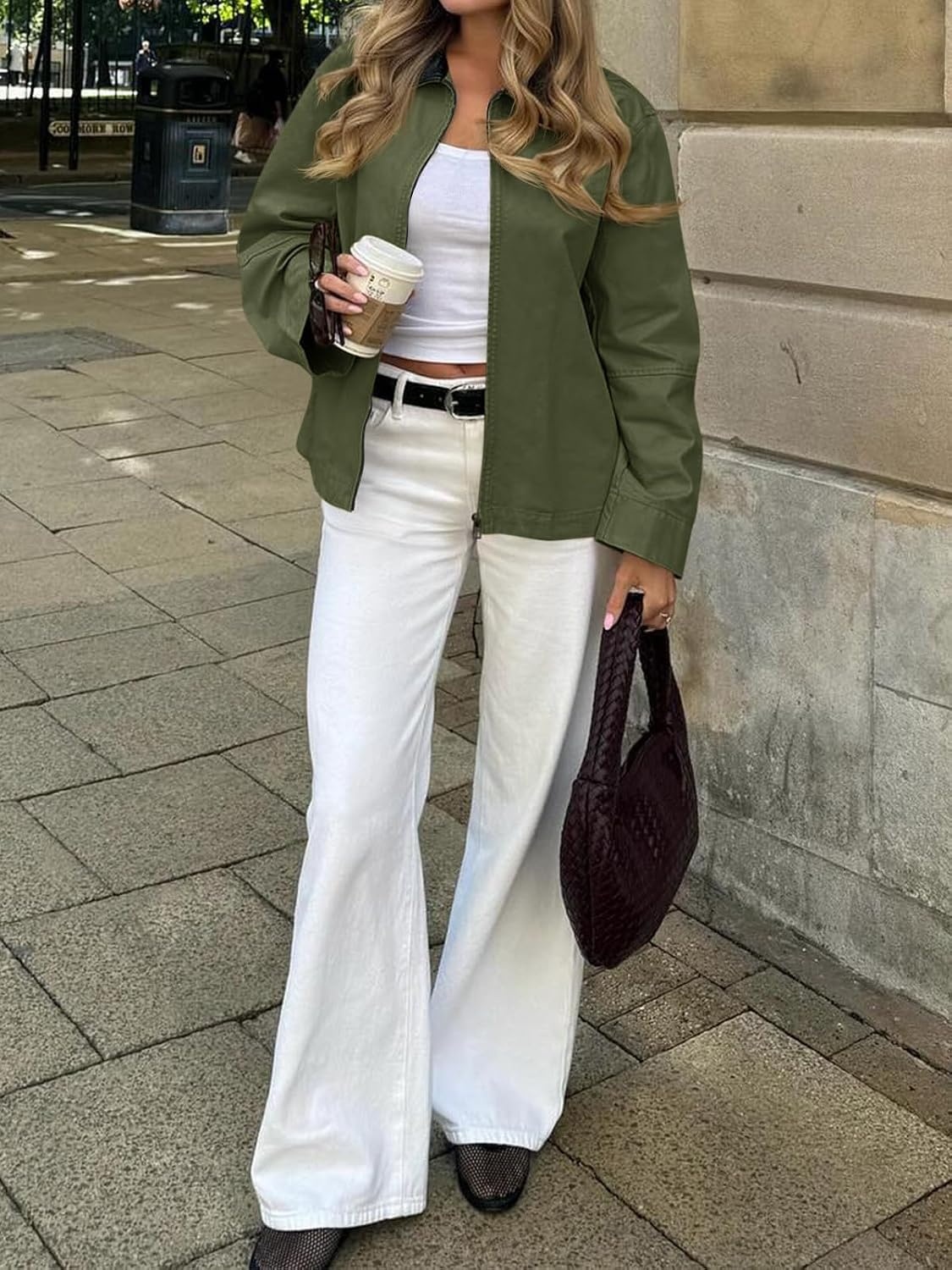 image:imageCicy Bell Women Barn Jacket Zip Up Cotton Canvas Oversized Lightweight Coat Faux Leather Collar Light Weight 100 Cotton Fall FashionArmy Green