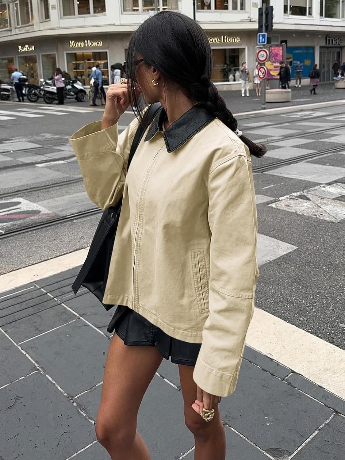 image:imageCicy Bell Women Barn Jacket Zip Up Cotton Canvas Oversized Lightweight Coat Faux Leather Collar Light Weight 100 Cotton Fall FashionBeige