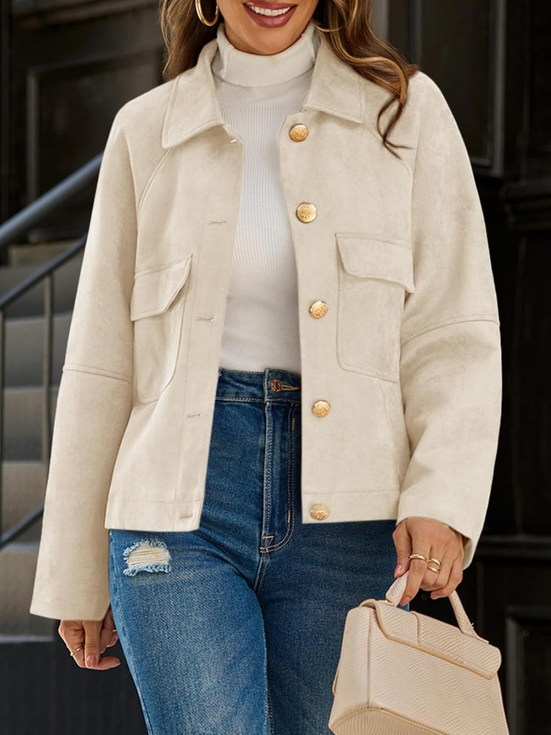 image:imageCicy Bell Womens Faux Suede Leather Jackets Cropped Fall Vintage Shackets Oversized Style Lapel Collar Button Down Crop Length Chest Pockets Trendy CasualBeige