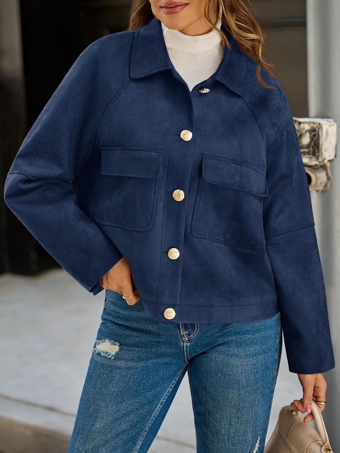 image:imageCicy Bell Womens Faux Suede Leather Jackets Cropped Fall Vintage Shackets Oversized Style Lapel Collar Button Down Crop Length Chest Pockets Trendy CasualNavy