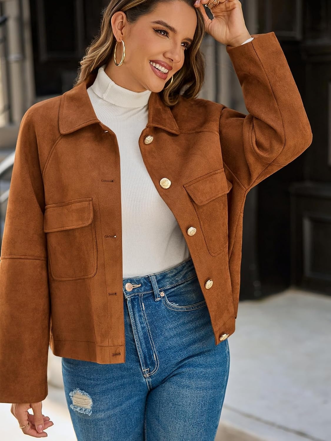 image:imageCicy Bell Womens Faux Suede Leather Jackets Cropped Fall Vintage Shackets Oversized Style Lapel Collar Button Down Crop Length Chest Pockets Trendy CasualBrown