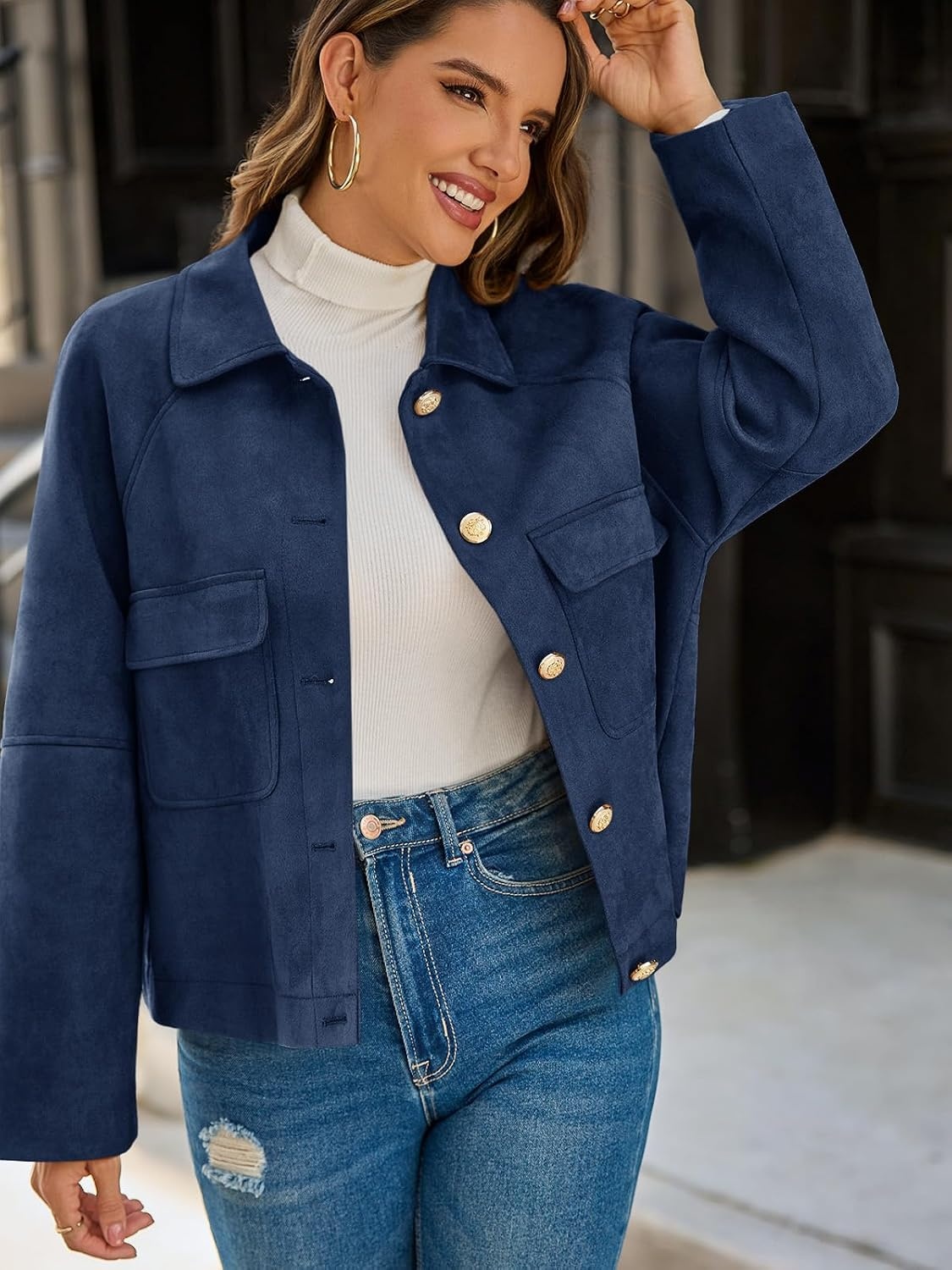 image:imageCicy Bell Womens Faux Suede Leather Jackets Cropped Fall Vintage Shackets Oversized Style Lapel Collar Button Down Crop Length Chest Pockets Trendy CasualNavy