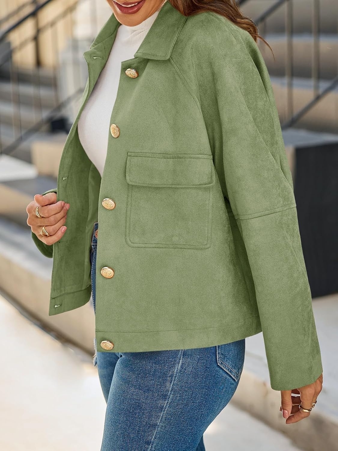 image:imageCicy Bell Womens Faux Suede Leather Jackets Cropped Fall Vintage Shackets Oversized Style Lapel Collar Button Down Crop Length Chest Pockets Trendy CasualArmy Green