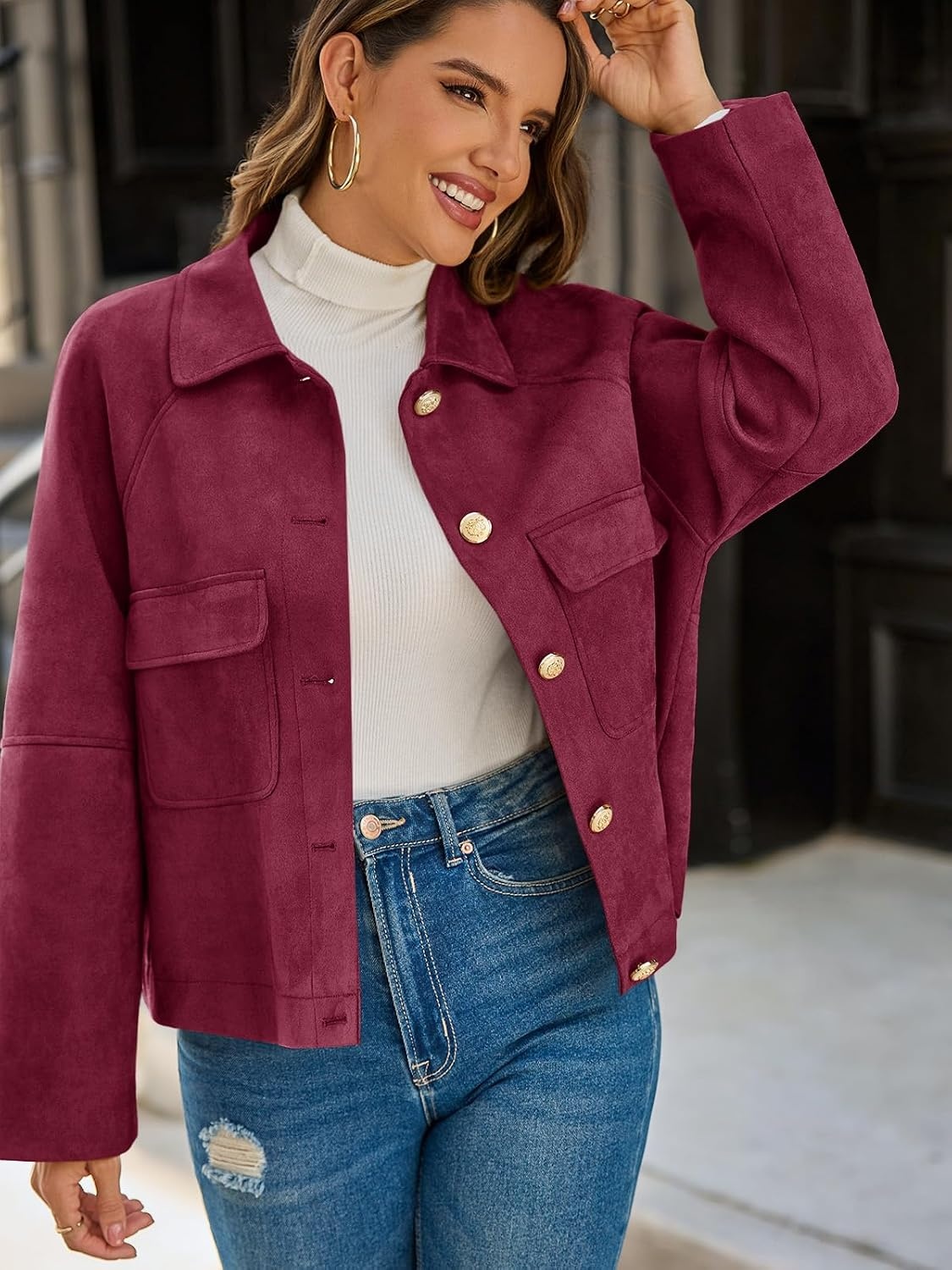 image:imageCicy Bell Womens Faux Suede Leather Jackets Cropped Fall Vintage Shackets Oversized Style Lapel Collar Button Down Crop Length Chest Pockets Trendy CasualWine Red