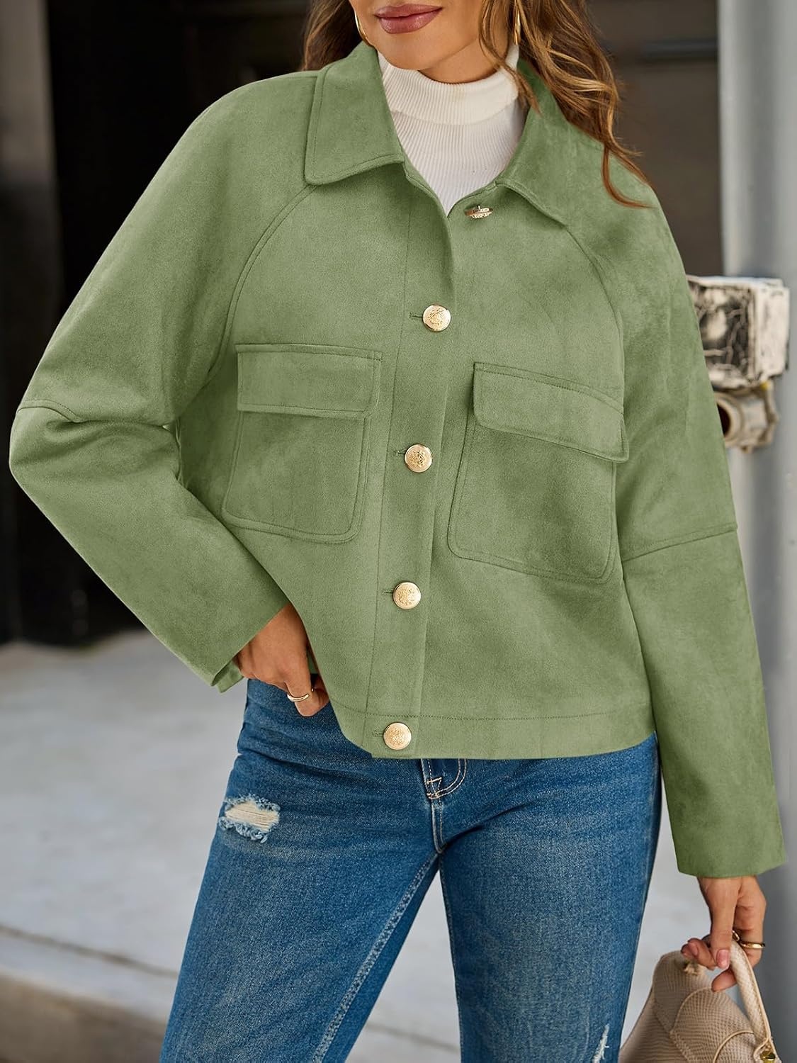 image:imageCicy Bell Womens Faux Suede Leather Jackets Cropped Fall Vintage Shackets Oversized Style Lapel Collar Button Down Crop Length Chest Pockets Trendy CasualArmy Green