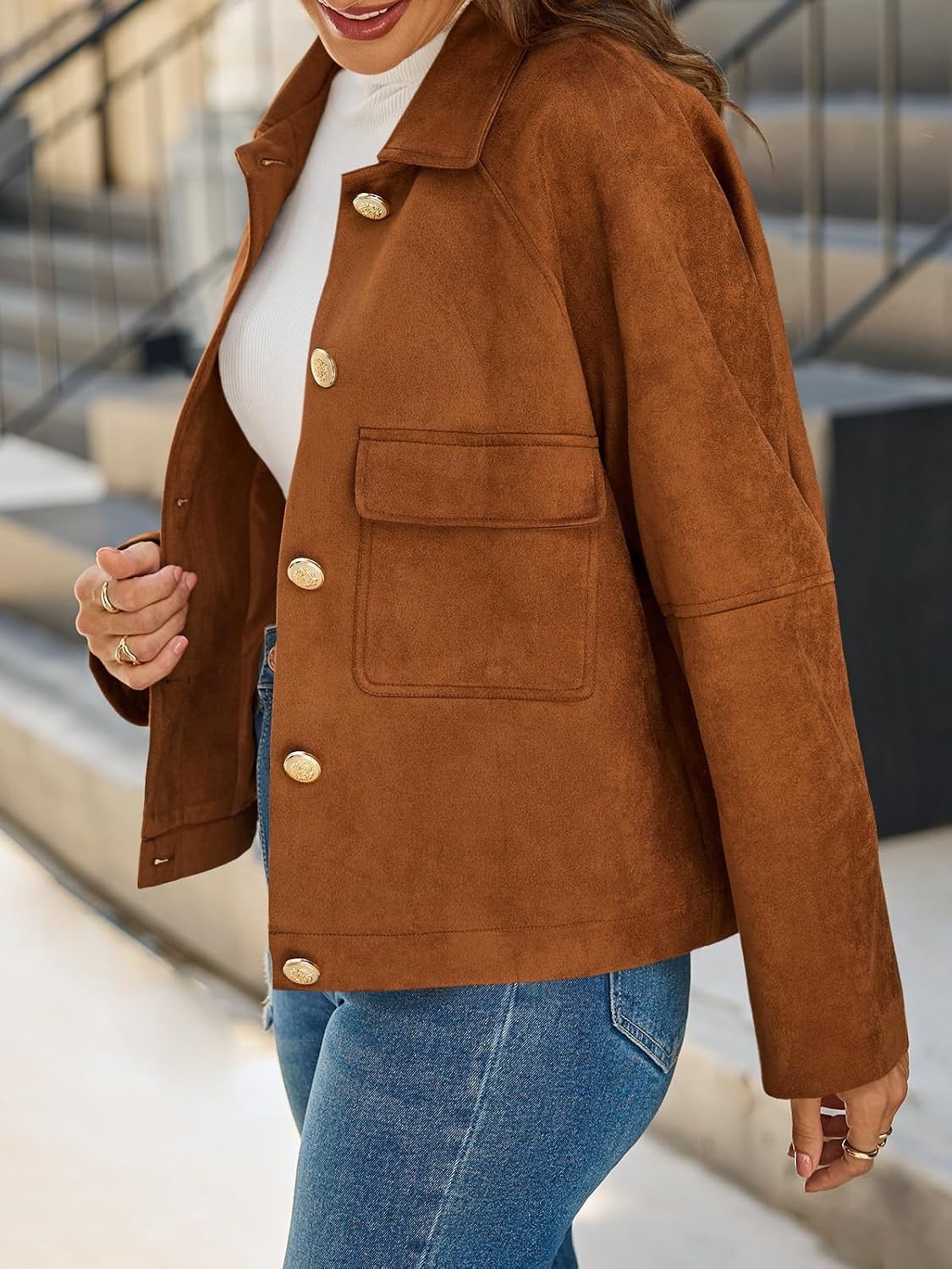 image:imageCicy Bell Womens Faux Suede Leather Jackets Cropped Fall Vintage Shackets Oversized Style Lapel Collar Button Down Crop Length Chest Pockets Trendy CasualBrown